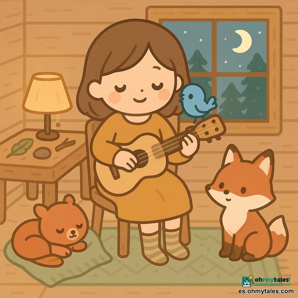 Una música sonriente y serena, cabello castaño medio, piel clara, vestida con un vestido mostaza y calcetines a rayas, sentada en una silla de madera acariciando una pequeña guitarra de madera clara; a la derecha, una pequeña ardilla de pelaje rojizo acurrucada en una manta con los ojos cerrados; a la izquierda, un zorro curioso rojizo y blanco sentado con la cola enroscada mirando la guitarra; un pajarito cantor azul posado en su hombro derecho con el pico abierto; interior de un pequeño chalet de madera con mesa rústica, lámpara de pantalla cálida, ventana que muestra la luna y abetos nevados, alfombra de motivos simples y algunos instrumentos improvisados (pluma, piedra, rama) sobre la mesa; escena de ella tocando una canción suave para sus amigos del bosque, luz cálida y sombras suaves, ambiente tranquilo y reconfortante, colores pastel dominantes (ocre, azul claro, verde salvia); estilo de líneas simples, formas redondeadas, texturas ligeras, expresión kawaii mínima, composición centrada y espacio limpio para la mirada infantil.