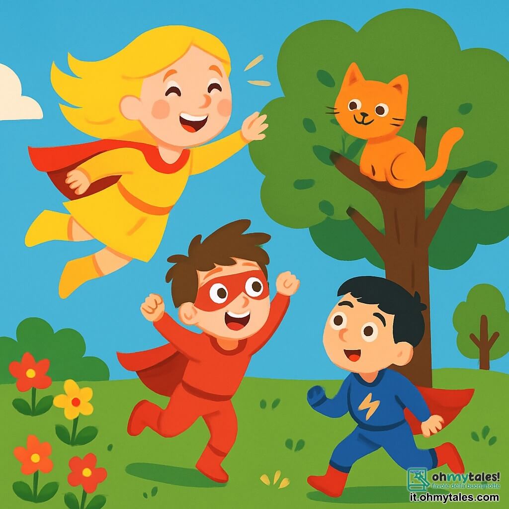 Una supereroina, Luminosa, sta volando in un cielo blu splendente, con i capelli dorati che fluttuano nel vento e gli occhi brillanti di gioia. Sorride con un volto radioso, illuminando tutto intorno a lei con la sua luce calda. Accanto a lei, Super-Salto, un ragazzo di circa 10 anni, salta allegramente nell'aria, con i capelli castani disordinati e un costume rosso vivace. È pieno di energia e sembra pronto ad aiutare. Un po' più in là, Vento-Veloce, un ragazzo di 9 anni, corre rapidamente a terra, con i capelli neri e un costume blu che fischia nel vento. Guarda Luminosa con ammirazione, pronto a seguirla nell'avventura. La scena si svolge in un parco colorato, pieno di fiori brillanti, alberi verdi e un grande albero al centro, dove un gattino è bloccato tra i rami. Luminosa e i suoi amici stanno salvando il gattino, con espressioni determinate e gioiose, mentre il gattino miagola dolcemente, guardando con speranza verso i suoi salvatori.