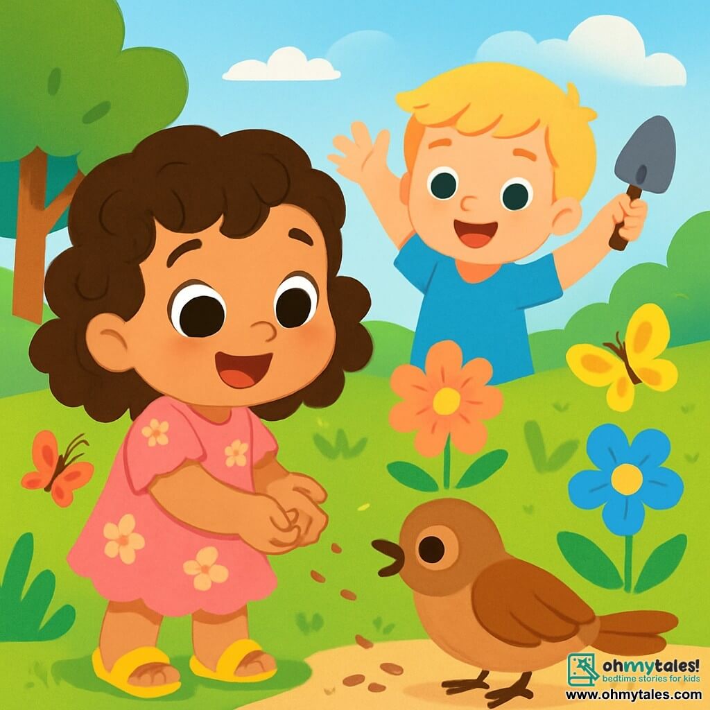 A 2-year-old girl with big bright eyes and curly hair is joyfully smiling while holding seeds in her small hands. She wears a pink floral dress and yellow sandals. Next to her, a brown bird with soft feathers and sparkling eyes is enjoying the seeds she has sown. In the background, a 5-year-old boy with blonde hair and a blue t-shirt raises his arms in the air, happy to help. He holds a small shovel and stands right behind Lily, ready to plant flowers. The scene takes place in a sunny park filled with colorful flowers, tall green trees, and a bright blue sky. Butterflies dance around the flowers, adding a touch of magic to the environment. Lily and her friends are planting flowers to help the birds find their home, creating a joyful and lively garden.