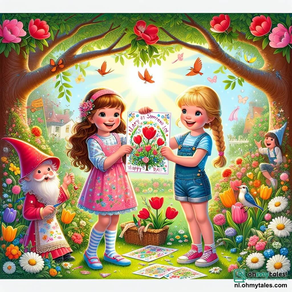Twee meisjes, Lotte en Sofie, van negen jaar oud, staan in het midden van de afbeelding. Lotte heeft lang bruin haar en draagt een roze bloemenjurk, terwijl Sofie blond haar in een vlecht heeft en een blauwe t-shirt met een spijkerbroek draagt. Ze staan naast elkaar, glimlachend, met elk een kleurrijke kaart versierd met tekeningen en glitters.

Hun omgeving is een zonnige tuin vol bloemen in heldere kleuren, zoals rode tulpen en witte madeliefjes. Op de achtergrond is er een grote boom met uitgestrekte takken, en vogels zingen vrolijk in het loof.

De hoofdscène toont Lotte en Sofie, omringd door hun creativiteit, terwijl ze kaarten voor Moederdag maken, met gelach en enthousiaste gebaren, terwijl een blije kabouter in een grote rode jurk en een puntige hoed hen helpt om magische glitters aan hun creaties toe te voegen.
