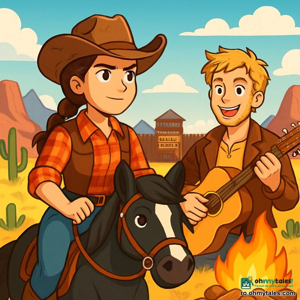 O tânără cowboy, Mara, cu părul brun prins într-o împletitură îngrijită, poartă o pălărie de cowboy uzată și o cămașă în carouri roșii. Fața ei exprimă determinare și curaj, iar ochii strălucitori sunt fixați pe orizont. Ea ține frâiele calului său negru, Tigrul, care are o mare pată albă pe frunte, pregătit să pornească în aventură. Lângă ea, Sam, un tânăr de aproximativ 20 de ani, cu părul blond zbârlit și o barbă ușoară, poartă o jachetă din piele. El zâmbește entuziast, ținând o chitară în mâini, gata să cânte o melodie reconfortantă. Pe fundal, o vastă pajiște aurie, presărată cu cactuși și stânci roșii, se află sub un cer albastru strălucitor cu câteva nori albi. Departe, se vede un fort din lemn, simbol al protecției, înconjurat de munți măreți. Situația principală arată cum Mara și Sam se pregătesc să apere fortul Willow împotriva unei bande de răufăcători, cu un foc care trosnește la picioarele lor, simbolizând curajul și determinarea de a-și proteja cei dragi.