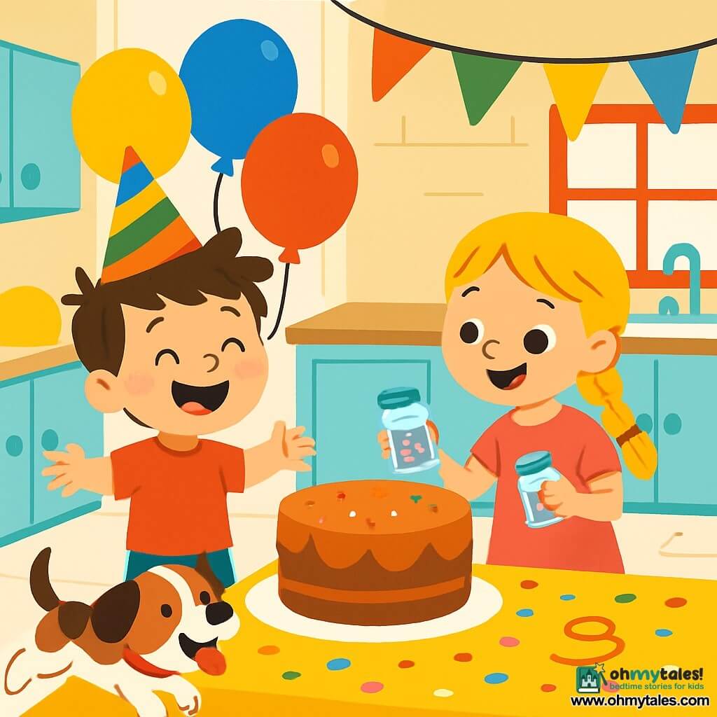 A 4-year-old boy, Max, with messy brown hair and a big joyful smile, is wearing a colorful birthday hat. He stands in a bright kitchen surrounded by multicolored balloons. His best friend, Mia, a 5-year-old girl with braided blonde hair and a pink dress, holds a box of sprinkles, ready to decorate a large cake. Dotty, a small brown and white puppy, runs around them, tongue out, attracted by the delicious smell of the cake. The kitchen is filled with colorful garlands and a large table covered in confetti and birthday decorations. Max and Mia are laughing together, excited to create the most fun cake for Max's birthday party.