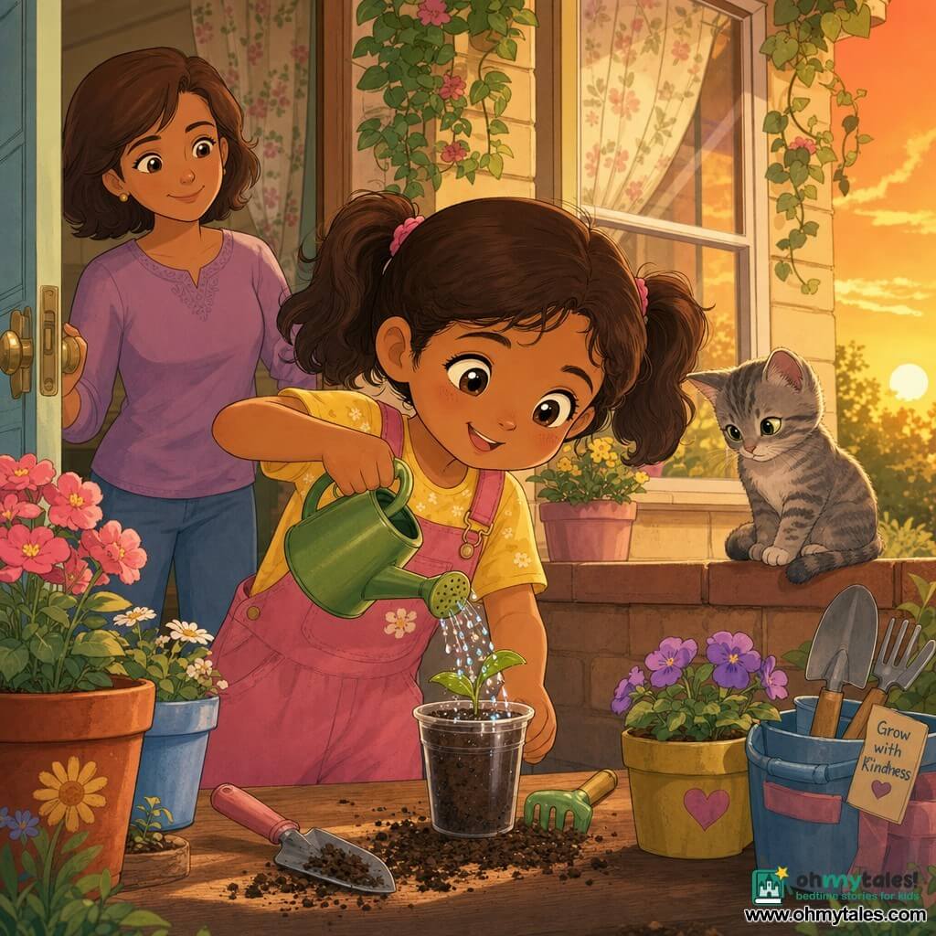 The protagonist is a joyful, focused 6-year-old girl with brown pigtails holding a small green watering can and tilting her head toward a plastic cup where a tiny plant seedling grows; the mother, smiling and attentive with short chestnut hair, stands in the doorway behind her with a hand on the handle as if watching without intervening; a curious gray tabby cat sits on the windowsill with its tail curled around its paws watching the plant; the setting is a garden corner by a house with dark moist soil, colorful flower pots, a small wooden table with miniature gardening tools and floral curtains visible through the window; the girl waters the seedling gently, a few droplets sparkling in the warm, soft sunset light, creating a tender, protective atmosphere.