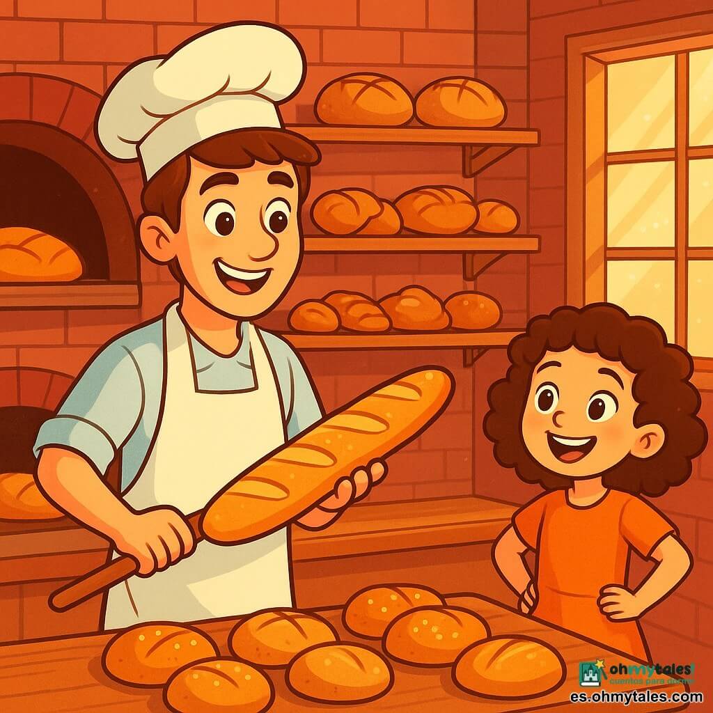 Un hombre, Miguel, con cabello castaño y ojos llenos de curiosidad, lleva un gran delantal blanco y un sombrero de panadero. Sonríe con entusiasmo, sosteniendo una baguette dorada recién salida del horno, con el calor emanando de la hornilla. A su lado, una niña de 6 años, su hermana Clara, con cabello rizado y ojos brillantes, observa con asombro la cocción de los panes, con las manos en las caderas. El lugar es una panadería acogedora, con paredes de ladrillo rojo, estanterías de madera llenas de panes crujientes y pasteles coloridos. Rayos de sol filtran a través de las ventanas, iluminando la harina en el aire y creando un ambiente alegre. La situación principal muestra a Miguel sacando una tanda de panes dorados del horno, mientras Clara, impaciente, espera con una gran sonrisa, lista para probar la primera baguette.