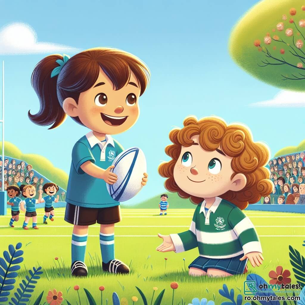 O fată de 10 ani, Ana, stă în centrul terenului de rugby, cu un zâmbet larg pe față, având părul brun prins într-o coadă de cal. Ea poartă un tricou de rugby albastru și o pereche de pantaloni scurți negri, ținând o minge de rugby în mâini, pregătită să paseze. La dreapta ei, Maria, o altă fată de 10 ani, cu părul blond și creț, o privește pe Ana cu admirație, purtând de asemenea un tricou de rugby, și pare puțin nervoasă dar entuziastă. În fundal, terenul de rugby este verde, înconjurat de spectatori veseli și copaci înfloriți sub un cer albastru strălucitor. Situația principală o arată pe Ana încurajând-o pe Maria să aibă încredere în sine înainte de un meci important, ilustrând spiritul de echipă și prietenia care le unește.