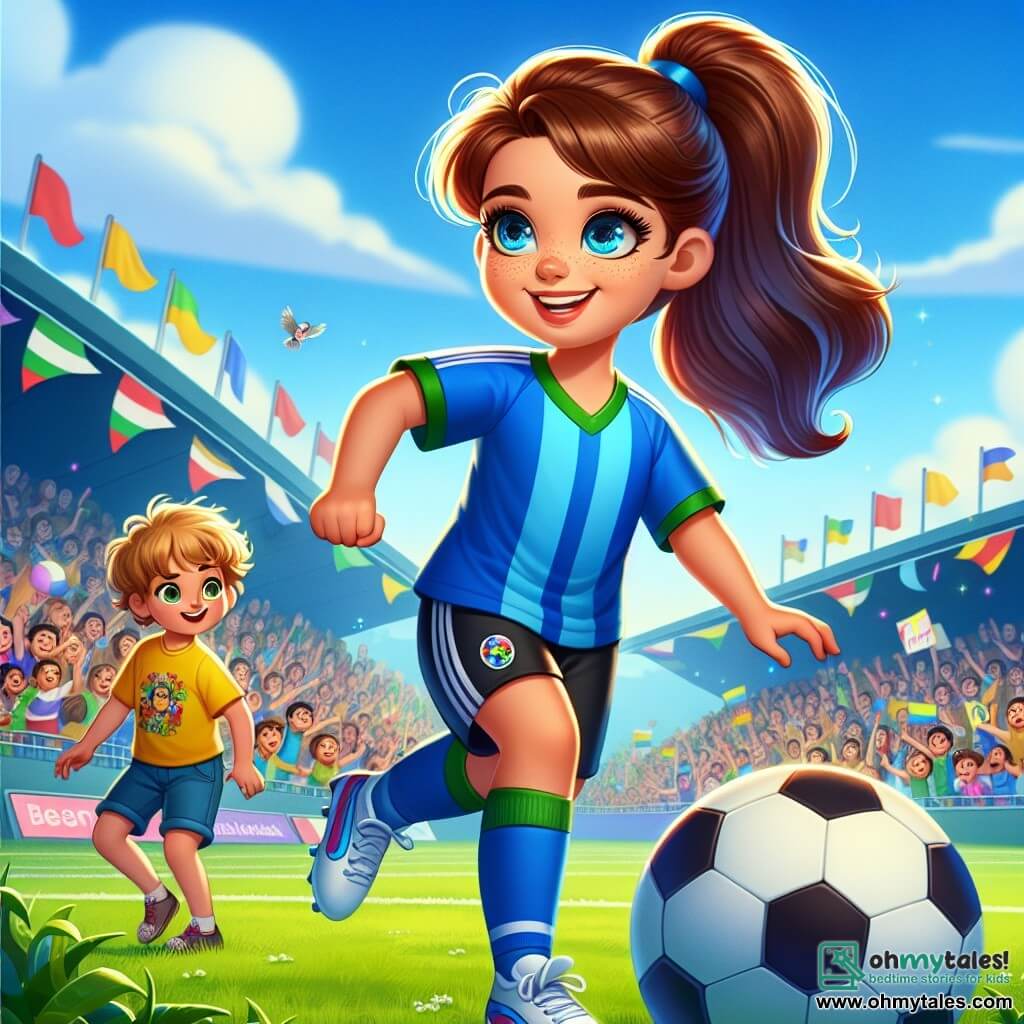 Mia, a young woman with brown hair in a ponytail, is wearing a bright blue swimsuit and black shorts. Her face radiates determination and joy as she dribbles a soccer ball on a green field. Her eyes sparkle with excitement, and a wide smile lights up her face. Next to her, Ben, an 8-year-old boy with messy hair and a yellow t-shirt, watches her with admiration. He holds a homemade sign that says "Go Mia!" in colorful letters, standing on the sidelines with his arms raised, ready to cheer for his heroine. The scene takes place in a large stadium filled with enthusiastic spectators, with waving flags and banners. The sky is blue with a few white clouds, and the grass is a vibrant green, perfectly maintained. The main focus shows Mia skillfully dribbling the ball while Ben encourages her passionately. The crowd's energy is palpable, creating an atmosphere filled with joy and excitement, capturing the spirit of sports and friendship.
