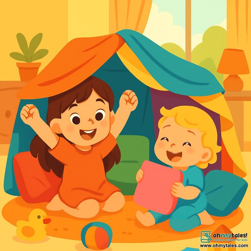 A 4-year-old girl named Lily, with long brown hair and sparkling eyes, is sitting inside a fort made of colorful cushions and soft blankets. She is smiling enthusiastically, her rosy cheeks and raised arms showing victory. Next to her, her 2-year-old sister Daisy, with curly blonde hair and a bright smile, is laughing while holding a pink cushion, ready to help rebuild their fort. The setting is a cozy living room with a plush carpet and light yellow walls. Toys are scattered around, and sunlight filters through the curtains, creating a joyful and welcoming atmosphere. The main scene shows Lily and Daisy rebuilding their fort after it has fallen, surrounded by colorful cushions and blankets, full of energy and laughter, ready for new adventures together in their makeshift castle.