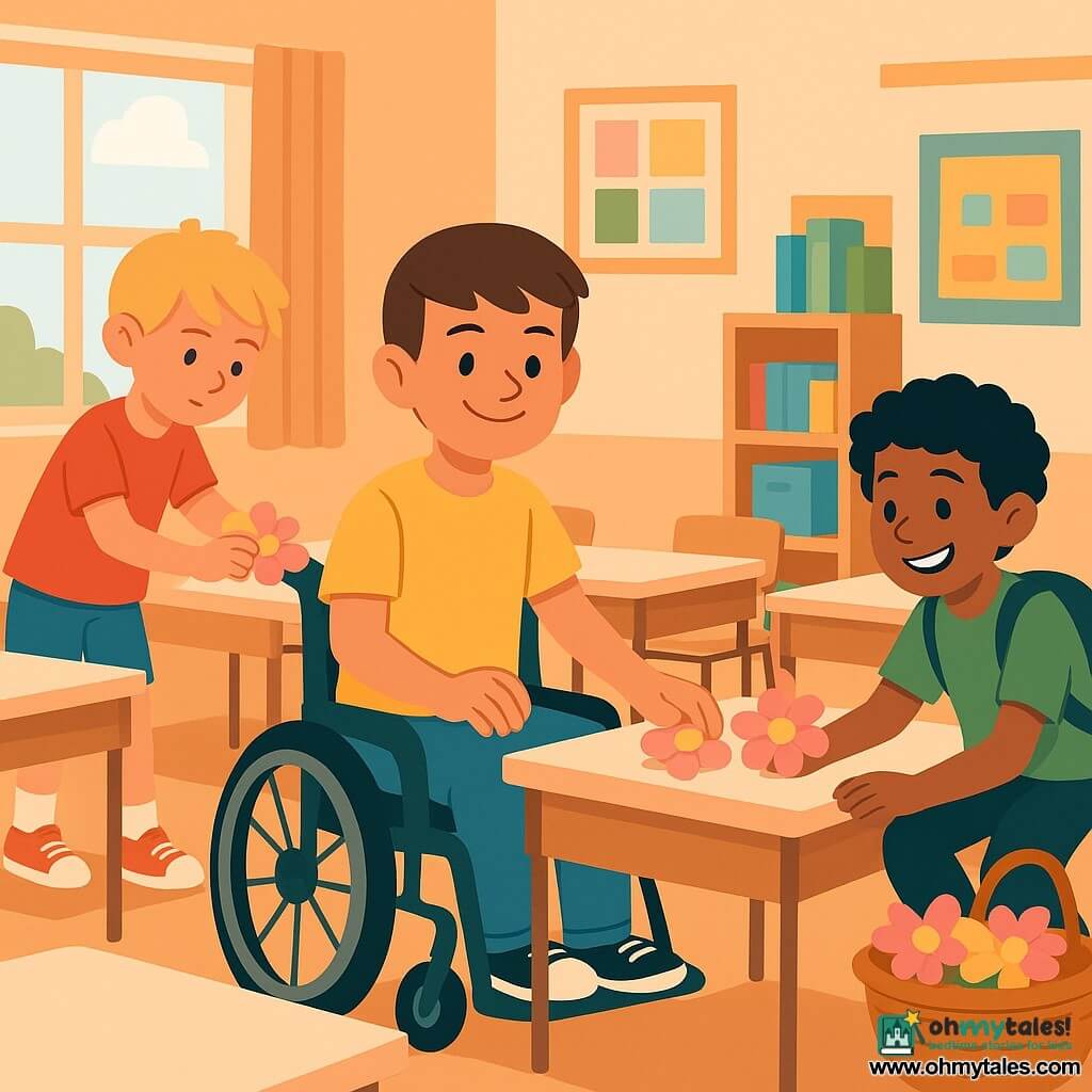 Three children in a bright classroom: a 10-year-old brown-haired boy in a wheelchair wearing a yellow t-shirt and blue jeans is at the center placing a towel-shaped flower on a desk; to his left a blond 10-year-old in a red t-shirt stands on tiptoe placing another; to his right a curly black-haired 10-year-old in a green t-shirt with a messenger bag crouches arranging a flower; the tidy room has peach pastel walls, large windows with light curtains, colorful maps, shelves with books and boxes, rows of light-wood desks draped with pale pink cloths and a wicker basket of towel-flowers; the friends quietly place towel-flowers on each desk with gentle, conspiratorial gestures, creating a warm, surprising morning scene in bright yellows, reds, greens and pinks.