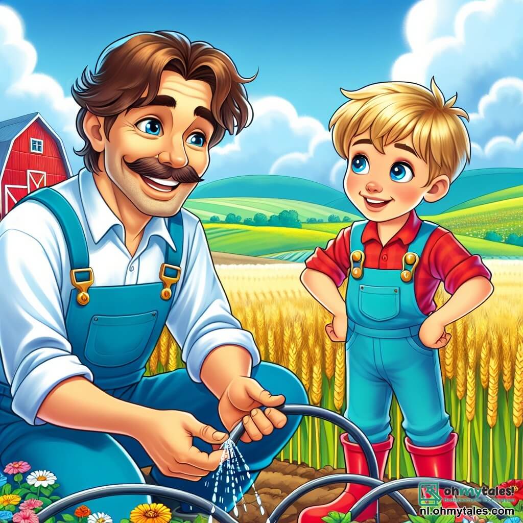Een man, boer Karel, wordt afgebeeld met een brede glimlach, rommelig bruin haar en een blauwe overall. Hij installeert een druppelirrigatiesysteem, gebogen over de grond, met een uitdrukking van trots en vastberadenheid. Naast hem staat een 8-jarig jongetje, Tim, met blond haar en sprankelende ogen, die helderrode laurierkransen draagt. Hij kijkt aandachtig naar Karel, met zijn handen op zijn heupen, met een nieuwsgierige en enthousiaste blik. De scène speelt zich af in een uitgestrekt groen veld, bezaaid met kleurrijke bloemen en rijen goudgeel tarwe die zachtjes in de bries golven. Op de achtergrond is een felrode schuur en zachte heuvels te zien onder een heldere blauwe lucht, met enkele pluizige witte wolken. De hoofdsetting toont Karel en Tim die samen werken, leidingen voor irrigatie installeren, wat de vereniging symboliseert tussen de ervaring van de boer en de nieuwsgierigheid van de jonge jongen, klaar om de uitdaging aan te gaan om de aarde duurzaam te bewerken.