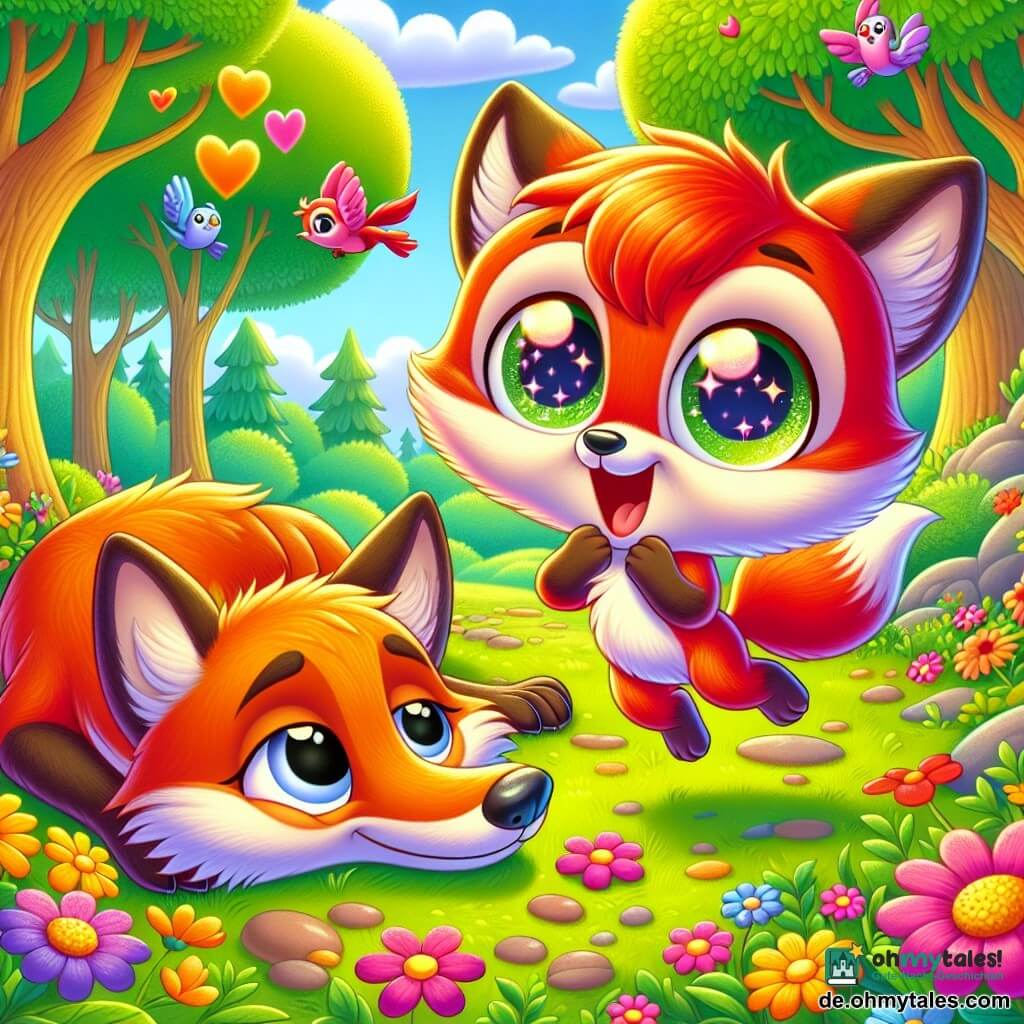 Ein kleiner, leuchtend roter Fuchs namens Finn springt fröhlich in einer sonnigen Lichtung, umgeben von bunten Blumen. Er hat ein großes Lächeln im Gesicht, voller Aufregung für den Vatertag. In der Nähe wacht sein Papa, ein größerer Fuchs mit weichem Fell und einem wohlwollenden Blick, langsam auf, seine Augen halb geschlossen und ein sanftes Lächeln auf den Lippen. Er liegt auf einem Bett aus grünen Blättern und genießt die warmen Sonnenstrahlen. Die Lichtung ist von großen Bäumen mit robusten Stämmen umgeben, deren Blätter sanft im Wind tanzen, während Vögel fröhlich in den Ästen singen. Finn, mit einem Funkeln der Begeisterung in den Augen, bereitet eine Überraschung für seinen Papa vor und hält in seinen kleinen Pfoten einen Strauß leuchtender Blumen, bereit, ihm ein besonderes Geschenk zu machen, um ihre Bindung zu feiern.