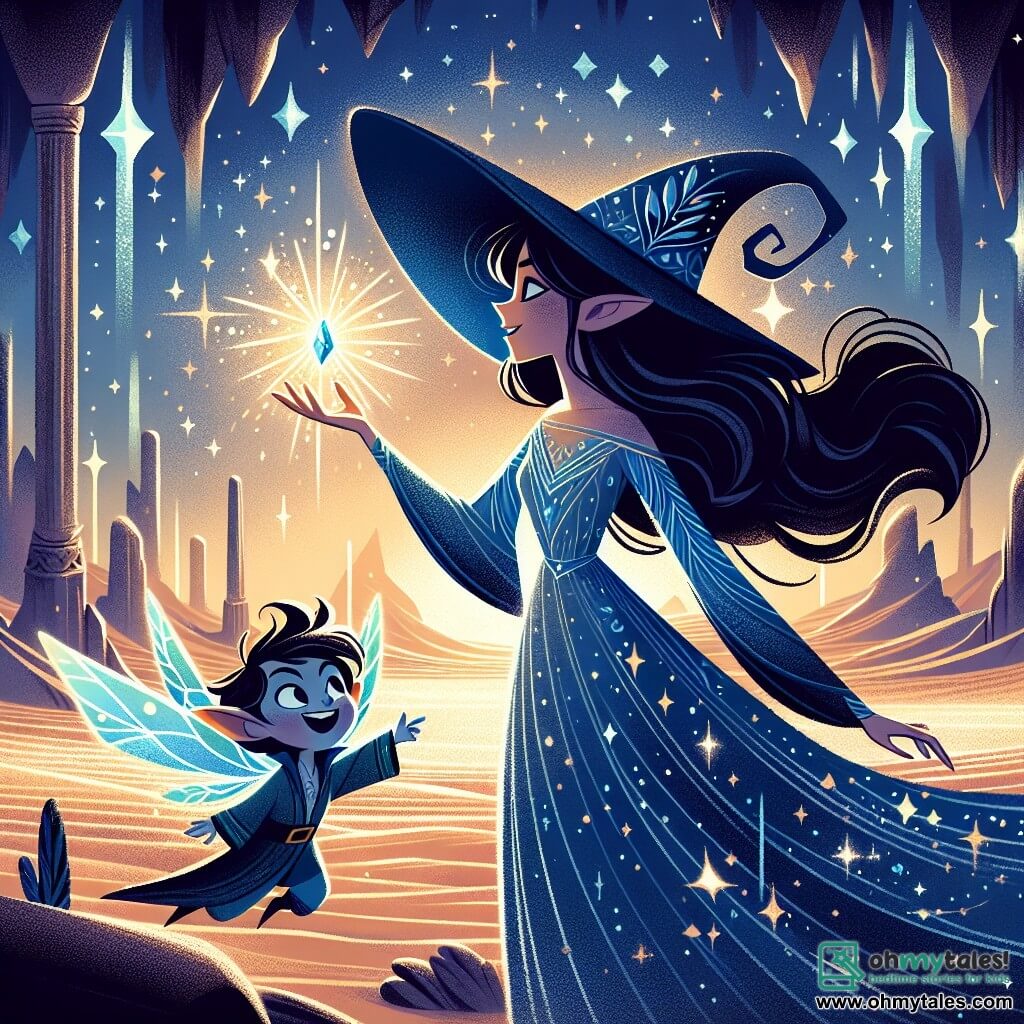 In the center of the image, Elara, a young mage woman about 25 years old, stands proudly. She wears a long navy blue robe adorned with sparkling stars and a wide hat that shields her face from the sun. Her expression is determined and full of wonder as she reaches out towards the Starstone, a glowing gem with iridescent colors pulsing with magic. Her long, wavy hair gently floats in the desert wind. Next to her, Zim, a mischievous little sprite, is a boy with sparkling eyes and twilight-colored fur. He joyfully flies around Elara, his translucent wings shimmering in the light, pointing at the Starstone with a cheeky smile. The setting is a vast underground cave illuminated by sparkling crystals resembling stars. The ground is sprinkled with golden sand, and in the center, a gold and silver pedestal supports the Starstone, surrounded by mystical glows. The main scene shows Elara, full of courage, ready to grasp the Starstone, while Zim, playful, enthusiastically encourages her, creating an atmosphere of magic and adventure.