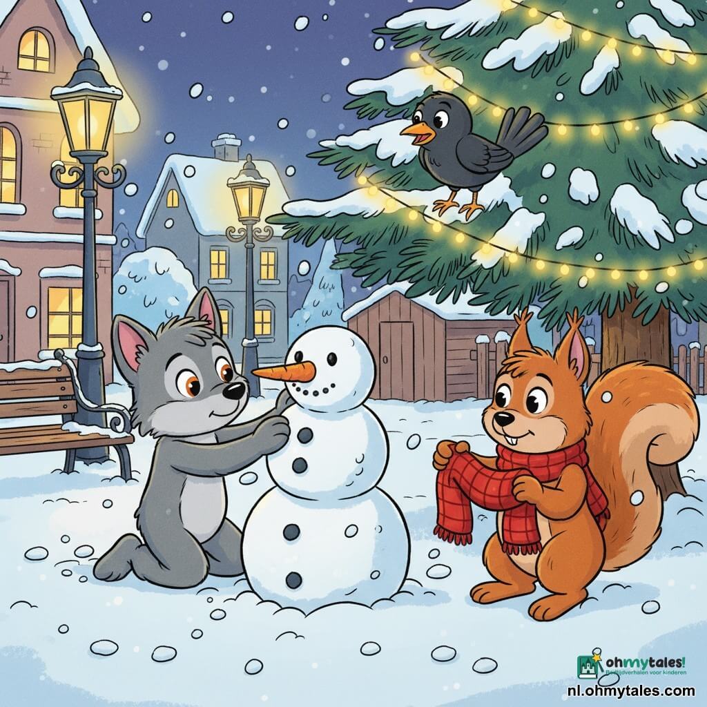 Een klein welpje genaamd Wikkel, zacht grijs vachtje, amberkleurige ogen, tedere vastberaden blik, knielt in de sneeuw en zet een grote oranje wortel als neus op een sneeuwman met drie bollen; Rits, een rood eekhoorntje met grote oren en een iets te grote geruite rode sjaal, kijkt beschaamd maar opgelucht en reikt de echte rode sjaal vanuit de rechterkant aan het welpje; mevrouw Merel, een glanzende zwarte merel, zit op een lage dennentak met een vriendelijke, schuin gekeerde kop en bekijkt de scène; dorpsplein met versierde kerstboom en gele lichtjes, smeedijzeren lantaarns, deels besneeuwd houten bankje, houten schuurtje en huizen met verlichte ramen; heldere nacht met langzaam vallende ronde sneeuwvlokken, gezellige sfeer, het welpje bouwt zorgvuldig de sneeuwman, pastelkleurig palet met warme contrasten, dikke contouren en rubber-hose proporties.