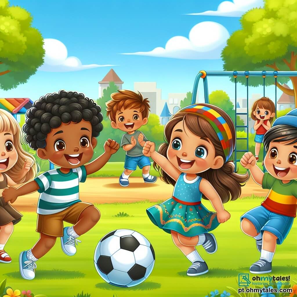 Em um parquinho ensolarado, cinco crianças brincam juntas. À esquerda, Amir, um menino de 10 anos, tem pele morena e cabelos negros e cacheados. Ele sorri alegremente enquanto segura uma bola de futebol. Ao lado dele, Maria, uma menina de 9 anos, tem pele clara e cabelos loiros trançados. Ela levanta os braços, empolgada com o jogo. Um pouco mais adiante, João, um menino de 10 anos, tem pele bronzeada e cabelos castanhos. Ele corre em direção à bola, com os olhos brilhando de entusiasmo. À sua direita, Ana, uma menina de 9 anos, tem pele clara e cabelos castanhos cacheados. Ela usa um vestido colorido e aplaude olhando para Amir. Por fim, Pedro, um menino de 10 anos, tem pele clara e cabelos negros. Ele se agacha para se preparar para chutar ao gol. O parquinho é cheio de cores vibrantes, com balanços, escorregadores e árvores verdes. O céu é azul e ensolarado, criando uma atmosfera alegre. A cena principal mostra as crianças jogando futebol juntas, rindo e se encorajando, ilustrando a amizade e a tolerância entre elas, apesar de suas diferenças culturais.