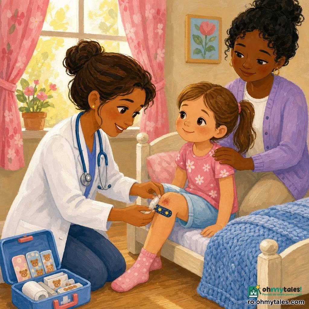 O femeie medic zâmbitoare, cu față blândă și păr șaten prins în coc, în halat alb și cu stetoscop, se așază în genunchi pentru a curăța și a pune un plasture cu model licurici unei fetițe de 5 ani așezate pe un pat jos, cu piciorul drept ușor îndoit și o zgârietură la genunchi; trusa mică cu plasturi cu ursuleți este deschisă, mama stă lângă pat cu mâna pe umărul fetei și haine pastelate, iar camera luminoasă, cu pereți crem, perdele cu flori roz, pătură tricotată albastră, parchet deschis și lumină aurie, emană o atmosferă calmă și sigură în tonuri calde și pastel, cu tușe vizibile și texturi moi.