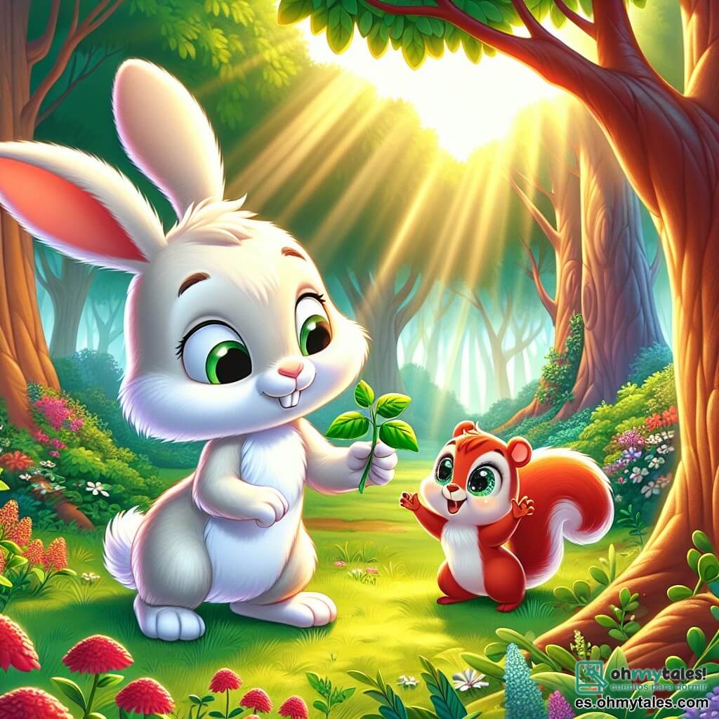En un claro del Bosque Brillante, un pequeño conejo blanco llamado Benito, con grandes orejas y un pelaje suave y sedoso, mira con esperanza una planta de hojas verdes brillantes, sus ojos brillando de entusiasmo y curiosidad. A su lado, Lila, una ardilla roja de ojos chispeantes, trepa alegremente por una rama, sonriendo y animando a Benito con gestos entusiastas. El claro está bañado por la luz dorada del sol, rodeado de árboles majestuosos con troncos gruesos y flores coloridas que bailan suavemente en la brisa. Benito, en busca de energía, se prepara para recoger las hojas de la planta de la vitalidad, esperando recuperar su fuerza y compartir su descubrimiento con sus amigos.