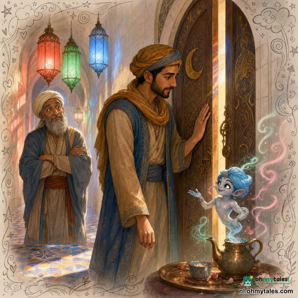 Volwassen man (Amir) met rustig, vastberaden gezicht, zachte geconcentreerde ogen en korte baard, in traditionele geweven kleding ocre-blauw, legt zijn rechterhand zacht op een oude gebeeldhouwde houten deur alsof hij fluistert; oudere man (Rashid, ~60) met gerimpeld warm gezicht, lange grijze baard en eenvoudige tulband staat links achter Amir, verrast en geamuseerd met gekruiste handen; kleine katachtige djinn (Nuri) met azuur tulband en licht parelmoeren huid hangt speels uit een rokerig theepotje op een dienblad bij de deur; locatie: gang van het "Huis van de Maan" met witte stenen muren, blauw-gouden geometrische tegels en gekleurde glazen lampen die rood-groen-blauwe lichtvlekken werpen, geur van munt en rozenwater in gestileerde waas; hoofdscène: Amir opent zacht de gebeeldhouwde deur met maansymbolen en gouden filigranen, de deur gaat piepend op een kier, zacht binnenlicht valt in kleurbanden op hun gezichten, magische rustige sfeer met nadruk op het tedere gebaar en de verbinding tussen de personages.