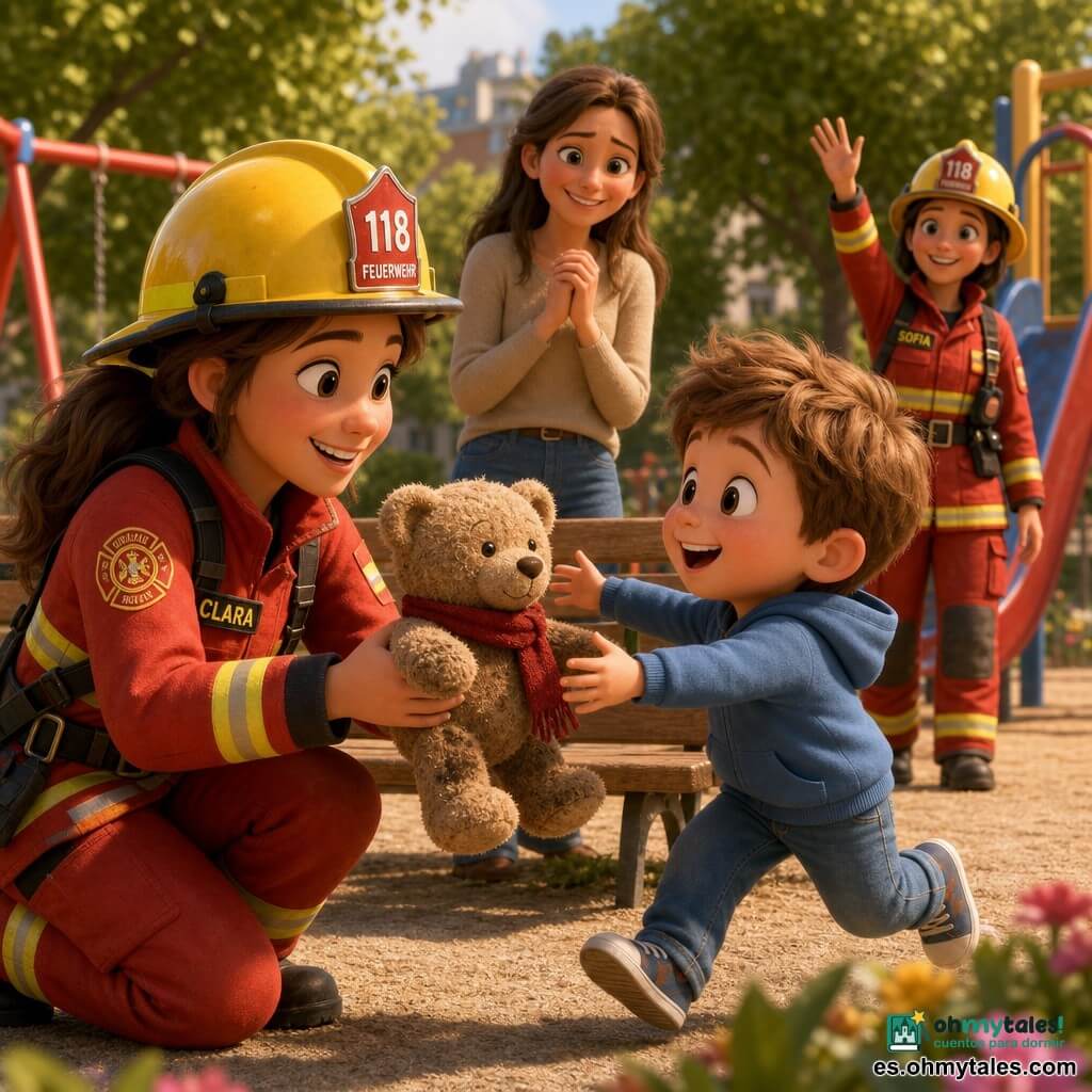 Clara, bombera de unos 28 años, sonriente y amable, de rostro redondo y pelo castaño recogido en coleta, arrodillada ofreciendo un pequeño osito de peluche polvoriento con bufanda roja; Lucas, niño de unos 4 años, castaño claro, ojos grandes y asombrados, corriendo desde un banco de madera para recibir el osito con alegría; la madre de Lucas, unos 32 años, pelo largo y ropa informal, detrás del banco con las manos juntas, aliviada y emocionada; Sofía, bombera de unos 30 años con uniforme similar, sonriendo y saludando junto a un tobogán; parque urbano soleado con árboles verdes, arenero beige, columpios rojos, sendero de grava y flores en primer plano, cielo azul y luz cálida de mañana; escena principal: entrega del osito — gesto tierno, expresiones luminosas, polvo de arena en el peluche, composición centrada, primeros planos de los rostros, colores saturados, texturas suaves y ambiente reconfortante y heroico.