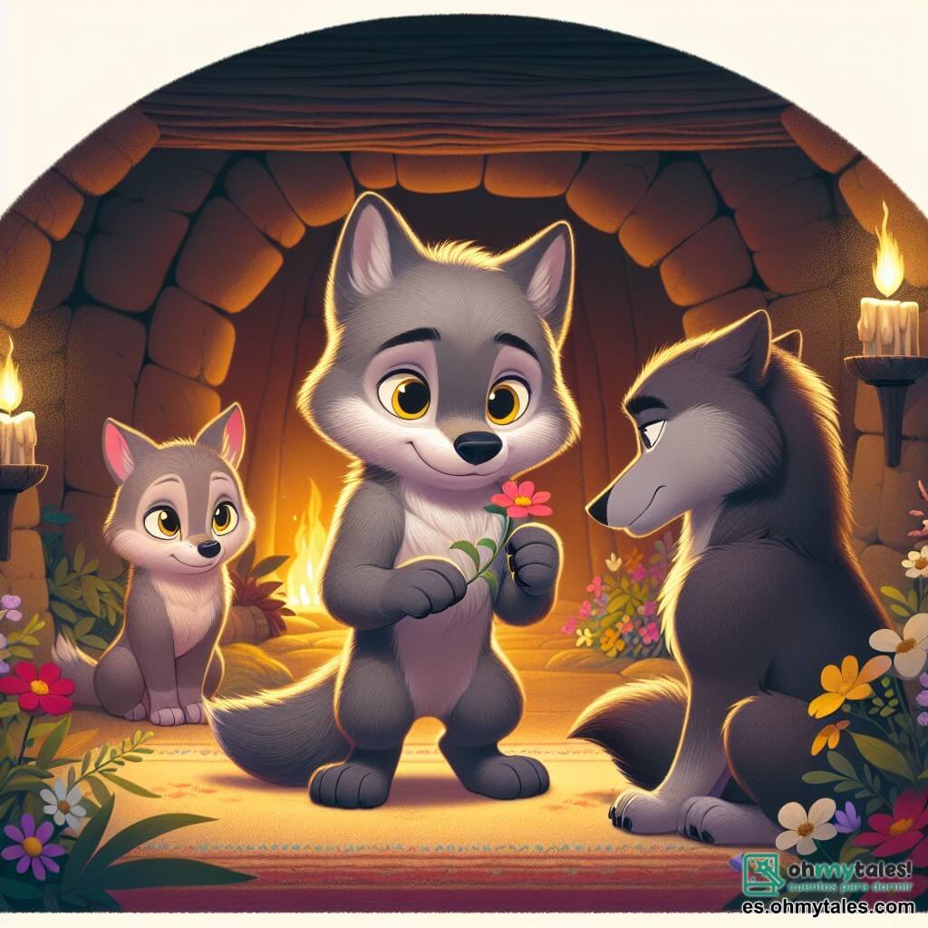 En el centro de la imagen, un pequeño lobo llamado Lobo, con un suave pelaje gris y ojos amarillos brillantes de curiosidad, está de pie en una cueva acogedora. Tiene una expresión decidida en su rostro, listo para hablar con su familia. A su derecha, su madre, una loba de pelaje marrón claro, mira a Lobo con ternura, sus ojos llenos de emoción, mientras sostiene una pequeña flor entre sus patas. A su izquierda, su padre, un lobo de pelaje más oscuro, muestra una expresión pensativa, con las orejas ligeramente caídas, como si estuviera reflexionando sobre sus palabras. La cueva está decorada con flores coloridas y pequeñas antorchas que emiten una luz suave, creando una atmósfera cálida y acogedora. La escena representa un momento crucial donde Lobo, con valentía, propone a su familia discutir sus sentimientos, simbolizando la importancia de la comunicación y el amor familiar.