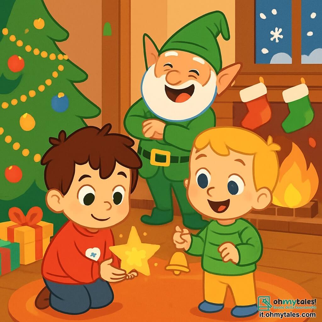 Ci sono 3 personaggi: Luca, un bambino di 3 anni con i capelli castani disordinati, che indossa un maglione rosso con un pupazzo di neve, accovacciato vicino al tappeto con una piccola stella brillante in mano; Marco, un bambino di 3 anni con i capelli biondi e occhi scintillanti, vestito con una camicia verde a righe, in piedi accanto a Luca, sorridente e agitando una piccola campanella dorata; e il Folletto Burlone, un piccolo folletto con barba bianca, in un costume verde brillante e un cappello a punta, che sta dietro ai ragazzi ridendo gioiosamente con le braccia incrociate. La scena si svolge in un accogliente salotto di Natale, decorato con un grande albero scintillante, ghirlande dorate e palline colorate. Le calze di Natale sono appese sopra un bel camino scoppiettante, e fiocchi di neve cadono delicatamente fuori dalle finestre. Luca e Marco scoprono una stella brillante mentre il Folletto Burlone li incoraggia con un grande sorriso, immersi nell'eccitazione della loro avventura, circondati da luci scintillanti e decorazioni festive.