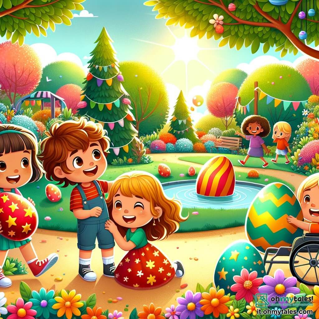 In un parco soleggiato, quattro amici sono insieme, circondati da fiori colorati e alberi in fiore. Marco, un ragazzo di dieci anni con capelli castani e ricci, sorride tenendo in mano un grande uovo rosso decorato con stelle dorate. Luca, un ragazzo di dieci anni con capelli biondi e occhi brillanti, si piega per raccogliere un uovo verde lucido nascosto sotto un cespuglio. Giulia, una ragazza di dieci anni con lunghi capelli castani e un vestito colorato, ammira un uovo a righe multicolori trovato vicino a un albero. Tommaso, un ragazzo di dieci anni in sedia a rotelle, ride mostrando un uovo blu galleggiante vicino a un piccolo lago, con gli occhi brillanti di eccitazione. Il parco è pieno di risate di bambini, con tavoli decorati di prelibatezze e giochi colorati. In lontananza, un grande uovo dorato brilla sotto il sole, attirando l'attenzione degli amici. La scena rappresenta la grande caccia alle uova di Pasqua, dove i bambini scoprono uova magiche divertendosi insieme, illustrando la gioia e l'amicizia che regnano in questa giornata festiva.