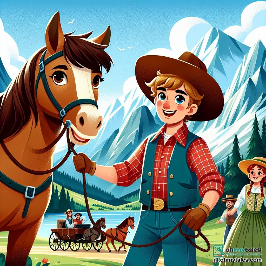 Een glimlachende cowboy, Jack, een man van dertig met een grote cowboyhoed, een rood geruite blouse en blauwe jeans, staat trots naast zijn mooie bruine merrie, Bella. Hij heeft een vastberaden en blije blik, alsof hij klaar is voor avontuur. In de buurt helpt een vrouw van veertig, gekleed in een eenvoudige jurk en een strohoed, met dankbare ogen een groep dorpsbewoners om een koets uit de modder te trekken. Ze heeft kastanjebruin haar en een warme glimlach, die haar opluchting en vreugde toont. Het decor is een berglandschap met majestueuze toppen onder een stralende blauwe lucht en een schitterend meer op de achtergrond. Groene bomen omringen de scène en creëren een rustige, natuurlijke sfeer. De hoofdactie toont Jack en Bella, klaar om de vrouw en de dorpsbewoners te helpen de in de modder vastzittende koets te bevrijden, wat de geest van samenwerking en avontuur van hun dag illustreert.