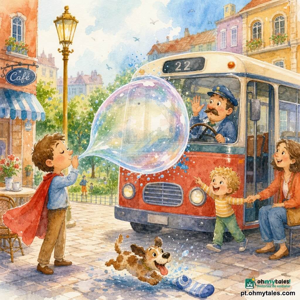 Um homem chamado João, herói calmo e gentil de rosto redondo e cabelo castanho curto, com capa vermelha, assopra uma grande bolha falante transparente com reflexos iridiscentes que empurra suavemente um ônibus imóvel; o motorista, homem de meia-idade com bigode e boné azul, olha surpreso pela janela dianteira com uma mão no volante e outra erguida em saudação; um menino de cerca de seis anos, cabelos loiros encaracolados e calça verde, segura a mão de uma mulher sentada e ri, em pé perto da porta direita do ônibus olhando a bolha; um cão pequeno marrom às pintas corre alegre aos pés do ônibus brincando com uma meia caída; cenário: rua urbana iluminada com prédios coloridos, um pequeno parque verde ao fundo, passeio de paralelepípedos, poste amarelo e café com cadeiras na calçada; situação: cena cômica e alegre em aquarela pastel com contornos leves e respingos controlados ao redor da bolha e dos pés do cão.