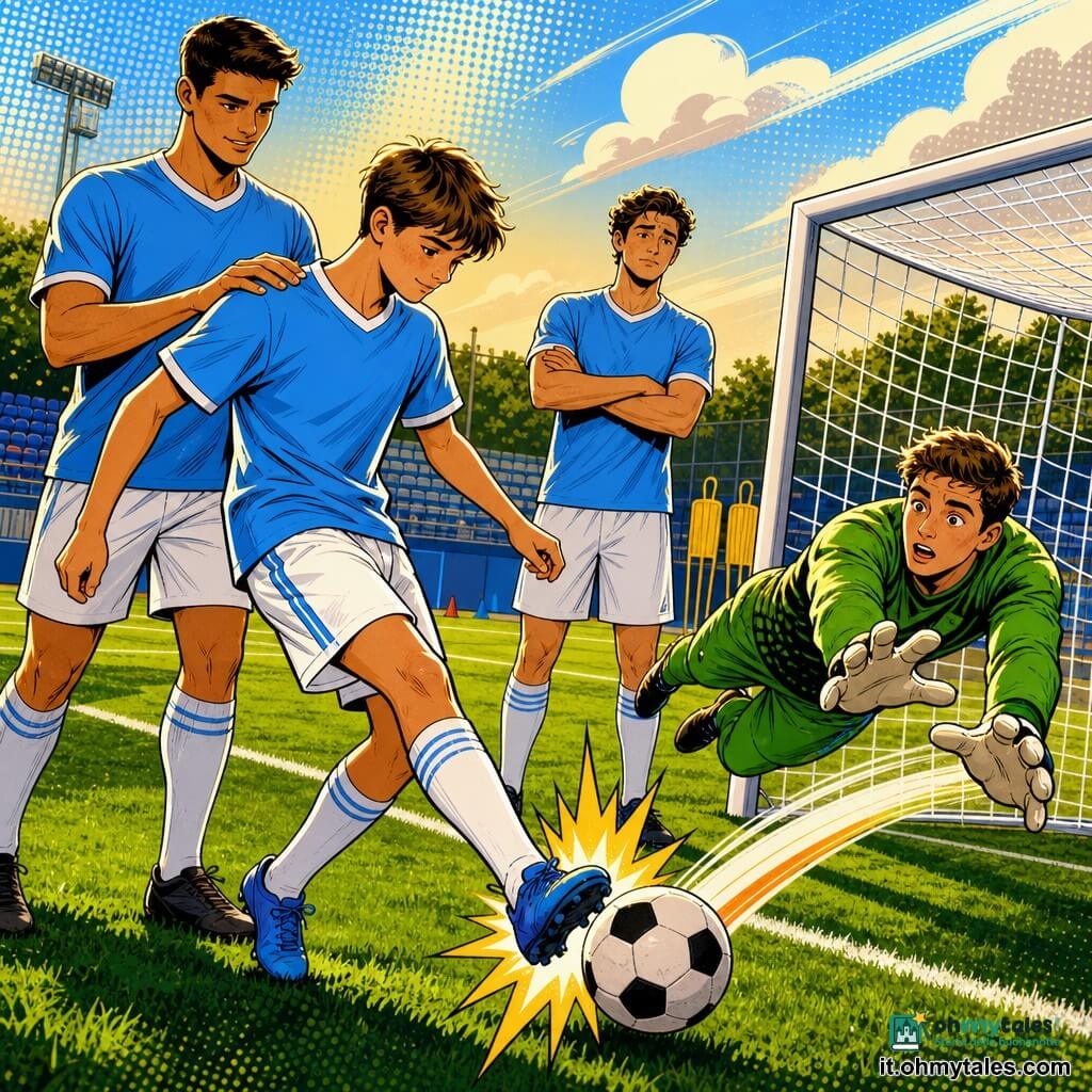 Un ragazzo di 16 anni, Luca, concentrato e timido, capelli corti castani, maglia da allenamento azzurro e pantaloncini bianchi, allunga il piede per deviare un pallone verso la porta; dietro di lui Amir, giocatore professionista di circa 26 anni, pelle olivastra, capelli corti, espressione calma e fiera, mano rassicurante sulla spalla di Luca; il portiere di circa 20 anni in tuta verde, sorpreso e sollevato, si tuffa con i guanti quasi a toccare la traiettoria deviata; Leo, circa 22 anni, un po' indietro, lo sguardo contrito con le braccia incrociate; scena su un campo di allenamento con erba brillante, linee bianche nette, rete che vibra, gradinate sfocate, cielo limpido e luce calda del tardo pomeriggio; momento decisivo, gesto congelato, movimento dinamico, colori vividi e contorni netti in stile pop art.