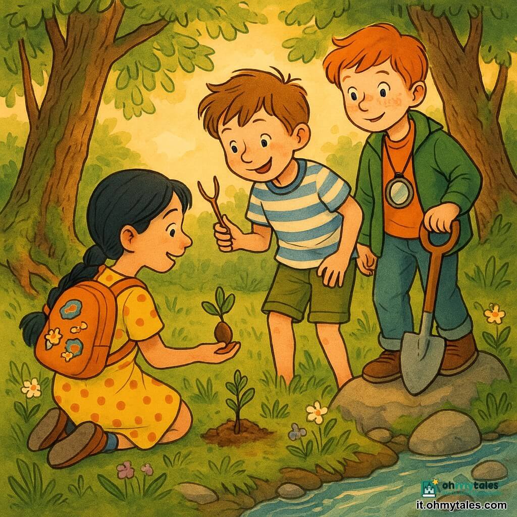Ci sono tre bambini: un ragazzo di circa 7 anni con capelli castano chiaro spettinati, maglietta a righe blu e bianca e pantaloncini kaki, tiene un piccolo ramo a Y nella mano destra e sorride al centro; alla sua sinistra una bambina di circa 7 anni con lunga treccia nera, vestito giallo a pois rossi e zainetto con adesivi, inginocchiata a mostrare la terra dove è stata piantata una ghianda; alla sua destra un ragazzo di circa 7 anni con capelli rossi e lentiggini, giacca verde e lente appesa al collo, in piedi su una pietra con una piccola pala in mano. Ambientazione: un piccolo boschetto sul bordo di un ruscello limpido con erba e fiori selvatici bianchi e viola, tronchi coperti di muschio e radici in vista, luce calda del tramonto che filtra tra le foglie. Situazione: i tre bambini hanno trovato il ramo a Y e hanno appena piantato una ghianda vicino al ruscello, atmosfera calda e dinamica, gesti affettuosi, espressioni gioiose, dettagli di corteccia, muschio e riflessi sull’acqua, colori vividi e contorni nitidi.