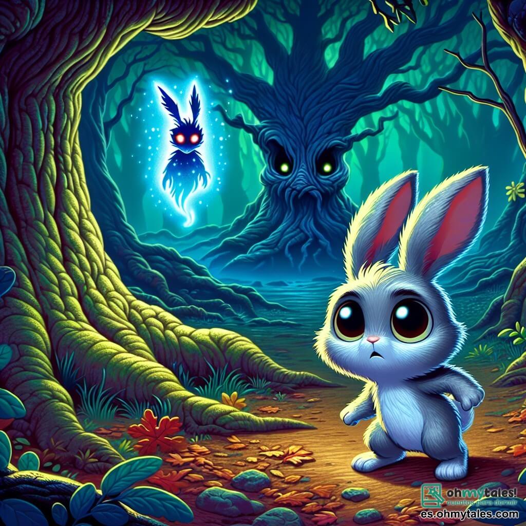 Un pequeño conejo de pelaje plateado, llamado Boro, se encuentra en el centro de la escena, con ojos redondos y brillantes que expresan tanto curiosidad como miedo. Mira fijamente una misteriosa luz azul que flota frente a él, con las orejas erguidas, listo para enfrentar lo desconocido. Cerca, una silueta oscura y etérea, que representa un espíritu del bosque, se encuentra junto al viejo roble, con ojos penetrantes y un aura inquietante. Este espíritu parece a la vez amenazante y fascinante, sus contornos difusos se mezclan con la niebla nocturna. El lugar es un antiguo bosque, con árboles gigantescos de troncos retorcidos, cuyas hojas oscuras forman un techo de verdor. La luz de la luna filtra a través de las ramas, creando sombras danzantes sobre el suelo cubierto de hojas muertas. La escena muestra a Boro, decidido pero inquieto, frente al espíritu misterioso, mientras se prepara para resolver los enigmas que podrían liberar su mundo de las tinieblas.