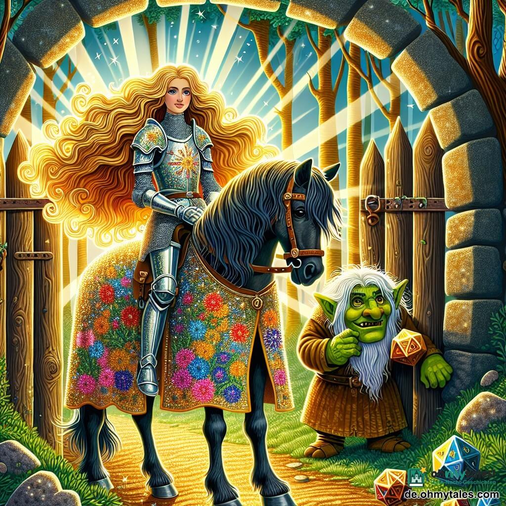 Eine Ritterin, Ser Leona, steht stolz auf ihrem schwarzen Pferd namens Blitz. Sie hat lange, wellige Haare, die im Sonnenlicht golden glänzen, und trägt eine funkelnde Rüstung mit floralen Mustern. Ihr Gesicht zeigt Entschlossenheit und Güte, mit einem leichten Lächeln auf den Lippen. Neben ihr schaut ein alter Troll mit faltigem Gesicht, grüner Haut und schelmischen Augen neugierig zu. In seinen großen Händen hält er einen Holzwürfel, als würde er auf seinen Spielzug warten. Im Hintergrund befindet sich eine alte Holzbrücke, umgeben von hohen Bäumen mit leuchtend grünen Blättern, während Sonnenstrahlen durch die Äste brechen und tanzende Schatten auf den Boden werfen. Die Ritterin bereitet sich darauf vor, den Trollen eine fesselnde Geschichte zu erzählen, die aufmerksam zuhören, ihre Gesichter von Aufregung erleuchtet. Die Atmosphäre ist voller Magie und Abenteuer, mit Lichtblitzen und lebhaften Farben, die eine fantastische Welt heraufbeschwören.
