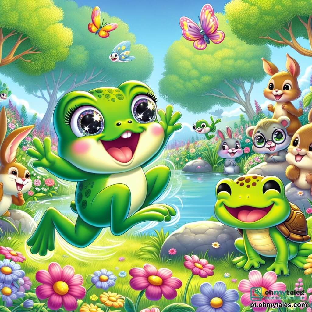 Uma pequena rã chamada Lila, com uma pele verde brilhante e grandes olhos redondos e cintilantes, salta alegremente em um campo de flores coloridas, com um grande sorriso no rosto. Ao lado dela, o sapo Teco, uma rã com a barriga amarela e manchas marrons, faz uma careta engraçada, rindo alto. Ao fundo, um grupo de animais da floresta, como um coelhinho travesso de orelhas grandes e uma tartaruga sábia com uma carapaça verde, os observa rindo, sentados em pedras perto de um lago cintilante. O cenário é uma floresta encantada, cheia de flores vibrantes, árvores majestosas e um céu azul claro. A cena principal mostra Lila e Teco competindo em piadas, cercados por seus amigos, todos rindo e se divertindo juntos em um ambiente alegre e colorido.