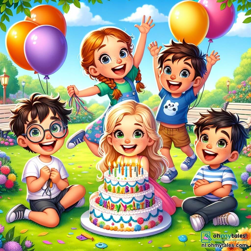 Er zijn vier personages: 1. Luca, een 7-jarig jongen met bruin haar en ronde bril, glimlachend in het midden, houdt een verjaardagstaart vast versierd met gekleurde kaarsjes. 2. Emma, een 7-jarig meisje met blonde vlechten, draagt een roze jurk en danst om Luca heen met haar armen in de lucht, vol energie. 3. Sam, een 6-jarig jongen met rommelig zwart haar, draagt een blauwe t-shirt en korte broek, zit op het gras en lacht met een hand op zijn buik. 4. Mia, een 6-jarig meisje met rood haar en een bril, blaast een grote gele ballon, naast Noor, een 7-jarig meisje met kastanjebruin haar en een bloemenjurk, die kleurrijke ballonnen vasthoudt. De locatie is een zonnig park, vol met kleurrijke bloemen en groene bomen. Het gras is helder groen en vogels zingen in de takken. Op de achtergrond een helderblauwe lucht met enkele drijvende witte wolken. De belangrijkste situatie toont Luca omringd door zijn vrienden, die vreugdevol zijn verjaardag vieren. Ze lachen, dansen en hebben samen plezier, wat een feestelijke sfeer van liefde en vriendschap creëert.