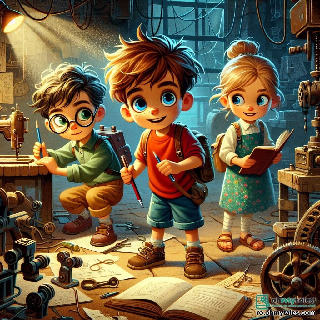Un băiat de 8 ani, Alex, cu părul castaniu și ochi mari și curioși, stă în centrul imaginii, având un zâmbet uimit. Poartă un tricou roșu și o pereche de pantaloni scurți albaștri, ținând un carnet de notițe într-o mână și un stilou în cealaltă, pregătit să noteze descoperirile sale. La dreapta sa, Mara, o fată de 8 ani cu părul lung și blond, prins într-o coadă de cal, se uită în jur cu ochii strălucind de entuziasm. Poartă o rochie cu flori și sandale, având un rucsac mic plin cu unelte de explorare. La stânga, Radu, un băiat de 8 ani cu ochelari rotunzi și părul brun, observă atent o carte veche deschisă pe o masă din lemn, sprijinindu-se înainte, concentrat. Locul este un atelier prăfuit, plin de unelte ruginite și hârtii împrăștiate. Atmosfera este plină de entuziasm și curiozitate, surprinzând spiritul de aventură al micilor exploratori.