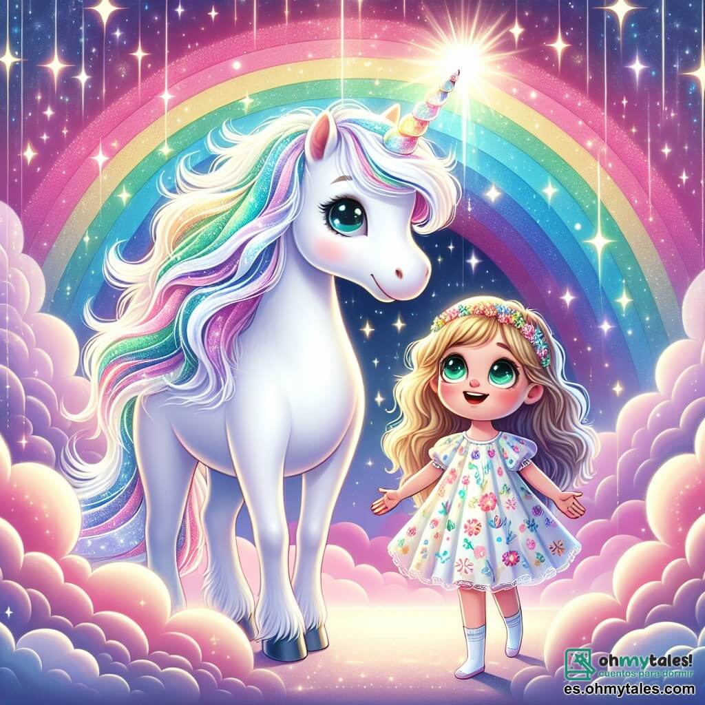 Una magnífica unicornio blanco, llamada Estrella, se encuentra en el centro de la imagen, con un pelaje brillante y un cuerno reluciente de colores del arcoíris. Expresa una emoción de dulzura y determinación, sus grandes ojos brillantes miran con benevolencia. A su lado, una niña de 8 años, Lía, con cabello dorado y ojos verdes chispeantes, sonríe con gratitud. Lleva un vestido ligero con motivos de flores coloridas y tiene los brazos abiertos como para acoger a su fiel amiga. El escenario es un reino flotante en el cielo, con nubes rosas y azules mezclándose con un brillante arcoíris. Estrellas relucientes iluminan el fondo, creando una atmósfera mágica y alegre. La situación principal muestra a Lía y Estrella saliendo de una nube oscura, rodeadas de luz brillante, simbolizando su amistad y valentía ante lo desconocido.