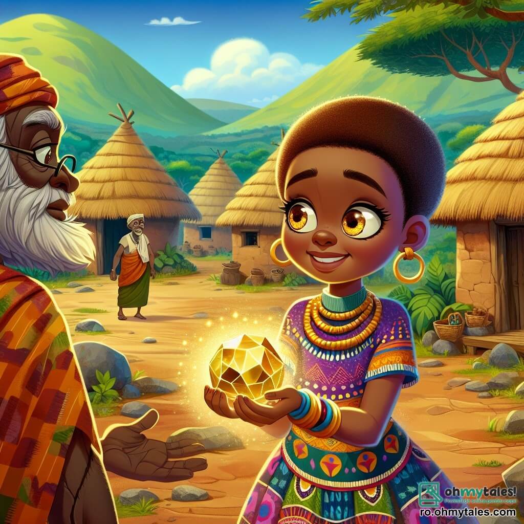 Zuri, o fetiță africană de aproximativ 12 ani, stă în centrul imaginii, având ochi mari și strălucitori și un zâmbet cald. Ea poartă o rochie colorată din țesătură tradițională, împodobită cu motive vibrante, și ține în mâini o piatră magică care strălucește de o lumină aurie. Expresia ei este plină de determinare și bucurie, pregătindu-se să împărtășească magia pietrei cu satul ei. Lângă ea se află un bătrân înțelept, un bărbat de aproximativ 70 de ani, cu o barbă lungă și albă și riduri care spun povești de înțelepciune. El poartă o tunică simplă și o observă pe Zuri cu un privire binevoitoare, pregătit să o încurajeze în căutarea ei. În fundal, se vede Jengo, un bărbat de aproximativ 30 de ani, cu o față îngrijorată, care privește scena cu ochi plini de regret, realizând importanța justiției. Decorul se află într-un sat african pitoreasc, înconjurat de coline verzi și copaci mari și măreți. Case din lut cu acoperișuri de stuf se află în jurul unei mari piețe centrale, unde locuitorii se adună pentru a asculta poveștile lui Zuri. Situația principală o arată pe Zuri, plină de curaj, ținând piatra magică, pregătită să aducă lumină și justiție satului ei, în timp ce bătrânul înțelept o încurajează și Jengo, în fundal, începe să înțeleagă adevărata semnificație a bunătății și comunității.