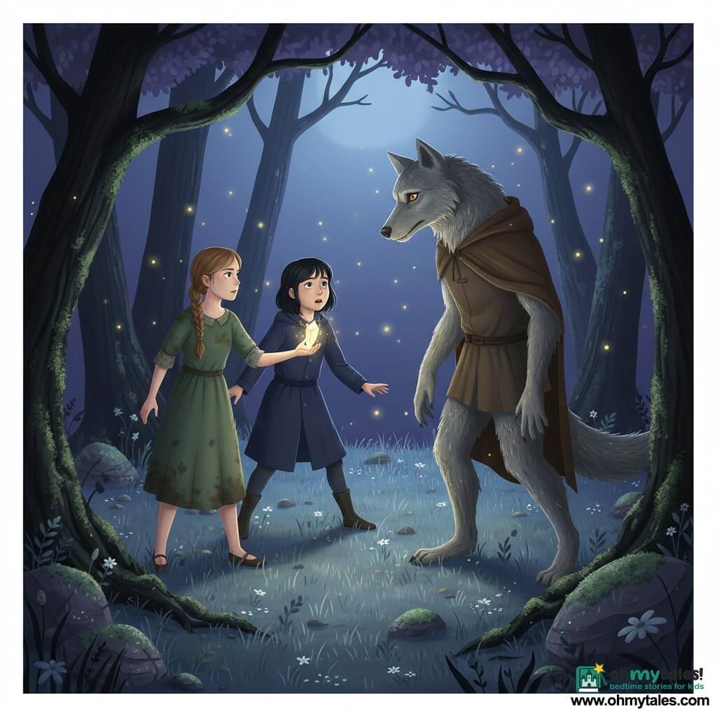 Three characters: Elara, about 11, light-brown braided hair, dirty green dress, holding a glowing crystal with both hands at center-left, looking determined; Maris, about 11, short black hair, navy coat, at Elara’s right with a hand on her shoulder, surprised and protective, knees slightly bent; the Big Bad Wolf mid-transformation, a large silver wolf with amber eyes, half of its body changing into a man with gentle features and a brown coat, center-right, both threatening and vulnerable, fur and clothing mixed, the crystal light illuminating the metamorphosis. Scene: a moonlit clearing with wet grass, silver wildflowers, twisted black-trunk trees with exposed roots and green moss, yellow fireflies and lichen-covered stones, blue-purple nighttime atmosphere. Main action: Elara extends a pulsing white-and-gold crystal toward the wolf-man; the light casts long shadows and sparkles on the fur, the girls show hope, magical tension in the air, centered composition with strong contrast between night blue and the warm crystal glow.