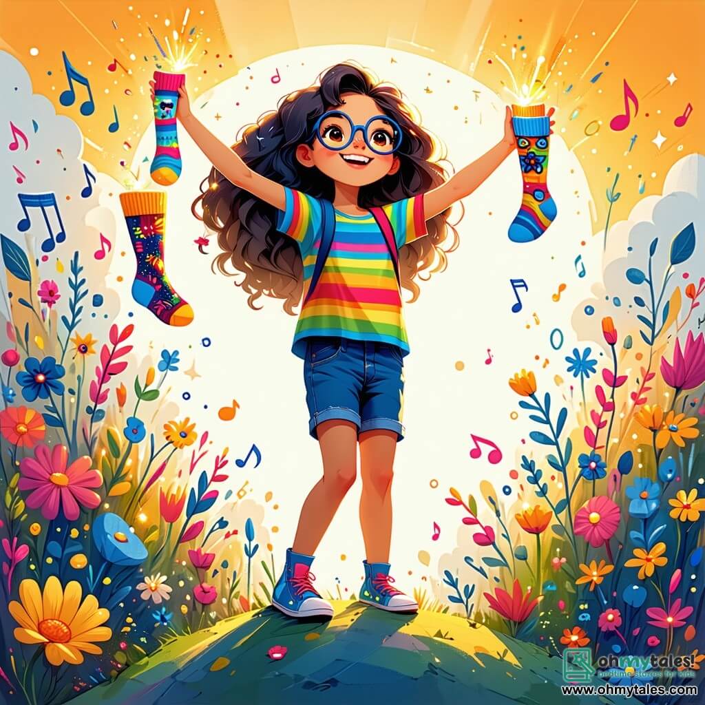 An 11-year-old girl named Sunny, with long curly hair and round glasses, smiles in wonder as she holds a legendary sock in vibrant colors, surrounded by music and magic patterns. She wears a multicolored striped t-shirt and denim shorts, standing on a small hill with her arms raised in victory. Next to her, Twizzle, a small character with big ears and a fluffy tail, is dressed in mismatched sock attire and joyfully dances, his eyes sparkling with mischief as he applauds Sunny. In the background, the Sock Snatcher, a mischievous raccoon, juggles colorful socks with a cheeky grin. The setting is a whimsical market in Whimsyville, featuring giant teapots in bright colors, floating candy stalls, and sock-shaped clouds dancing in the sky. Sparkles of light and musical notes fill the air, creating a joyful and playful atmosphere. The main scene shows triumphant Sunny having captured the legendary sock, while Twizzle and the Sock Snatcher celebrate together amidst an explosion of color and magic.