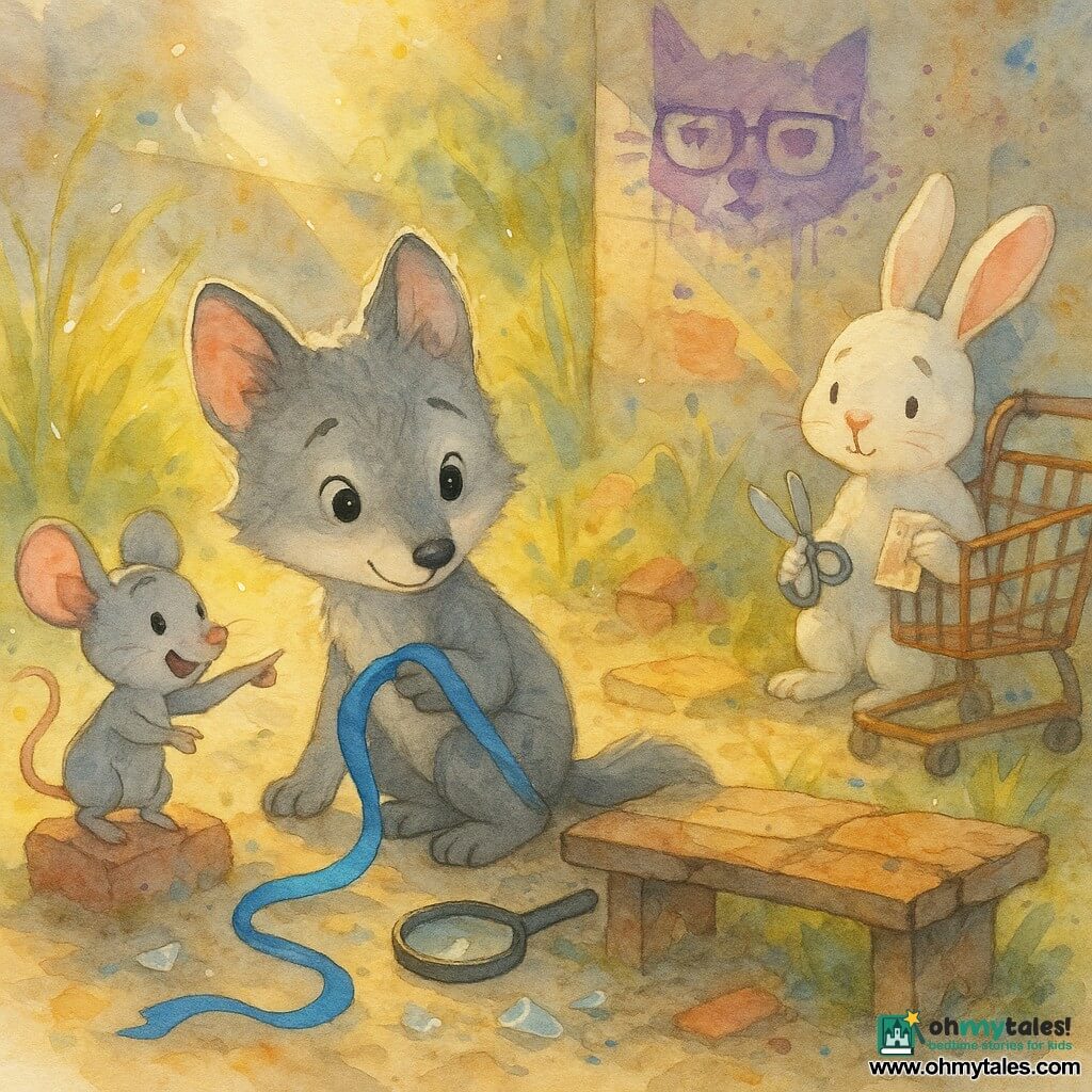 Main character: a small gray-furred wolf with round curious eyes and a shy smile, crouched by a broken bench holding a long bright blue ribbon, magnifying glass beside him; secondary characters: Mina Mouse, a small gray mouse with pink ears, energetic and smiling, standing on a rock and excitedly pointing at the ribbon, and Benny Bunny, a white lop-eared rabbit with a sheepish but relieved expression, sitting behind a rusted shopping cart holding round-tipped scissors and a crumpled card; setting: an overgrown urban lot with yellow-green tall grass, broken red bricks, sparkling glass shards, a cracked wooden bench, a rusted cart and a wall tagged with a purple cat wearing glasses in soft late-afternoon light with long shadows; scene: a warm, curious, reassuring moment of discovery as the wolf and mouse examine the recovered blue ribbon while the rabbit admits to something, with saturated colors on key objects (blue ribbon, purple paint, orange rust).