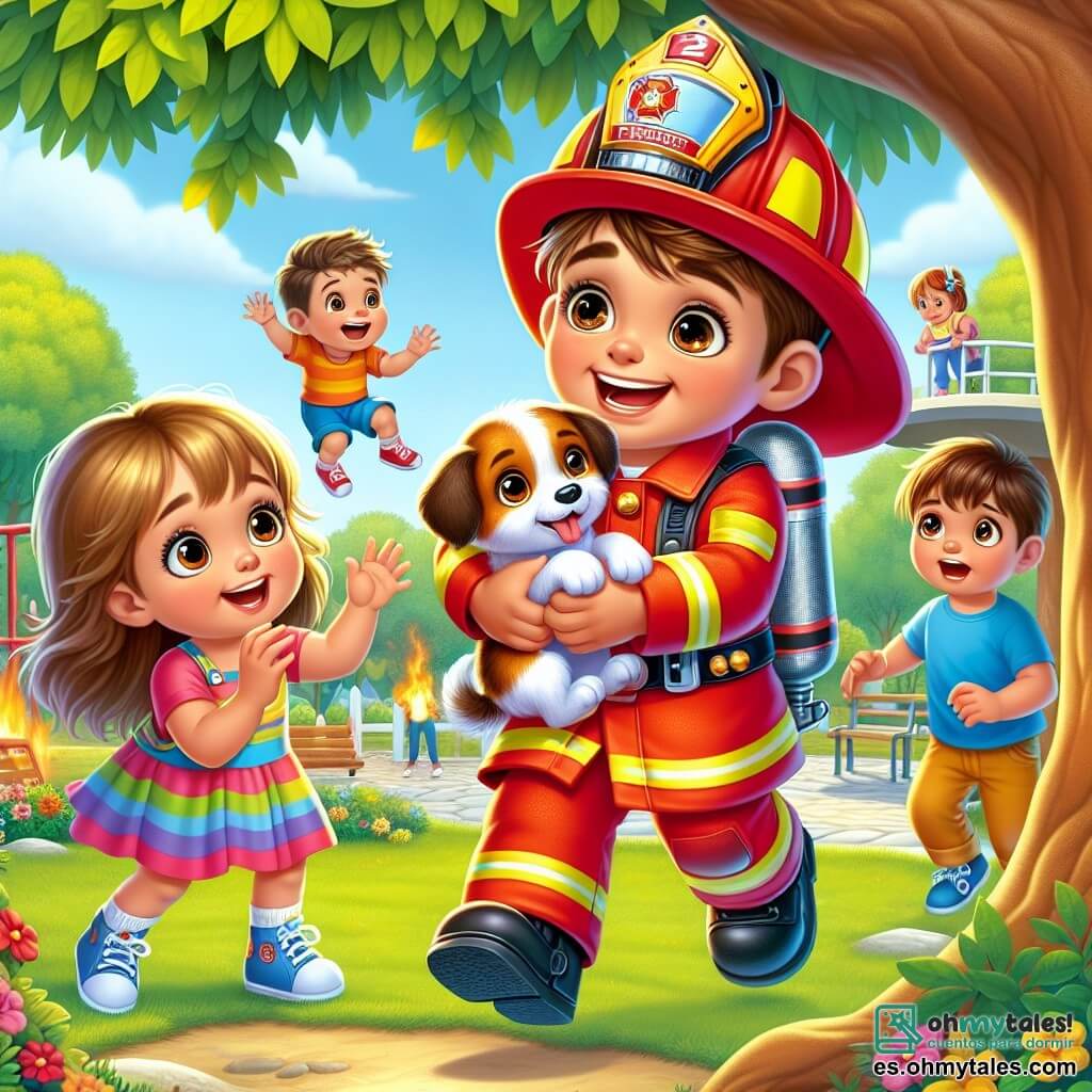 Un hombre bombero llamado Carlos, con una gran sonrisa, lleva un uniforme rojo brillante y un casco reluciente. Tiene cabello castaño y ojos llenos de emoción mientras desciende de un árbol, sosteniendo un perrito en sus brazos. A su lado, una niña llamada Ana, de 6 años, con cabello rubio largo y un vestido colorido, lo mira con admiración, levantando los brazos en señal de ánimo. Un niño llamado Miguel, de 7 años, con cabello castaño y una camiseta azul, se encuentra un poco detrás, con los ojos muy abiertos de sorpresa, sosteniendo un juguete de bombero en sus manos. La escena tiene lugar en un parque soleado, con árboles verdes y flores coloridas alrededor. Se puede ver un pequeño parque infantil al fondo, donde otros niños juegan alegremente. La situación principal muestra a Carlos, el bombero, salvando a un perrito atrapado en un árbol, mientras Ana y Miguel lo animan con entusiasmo, creando una atmósfera de aventura y camaradería.