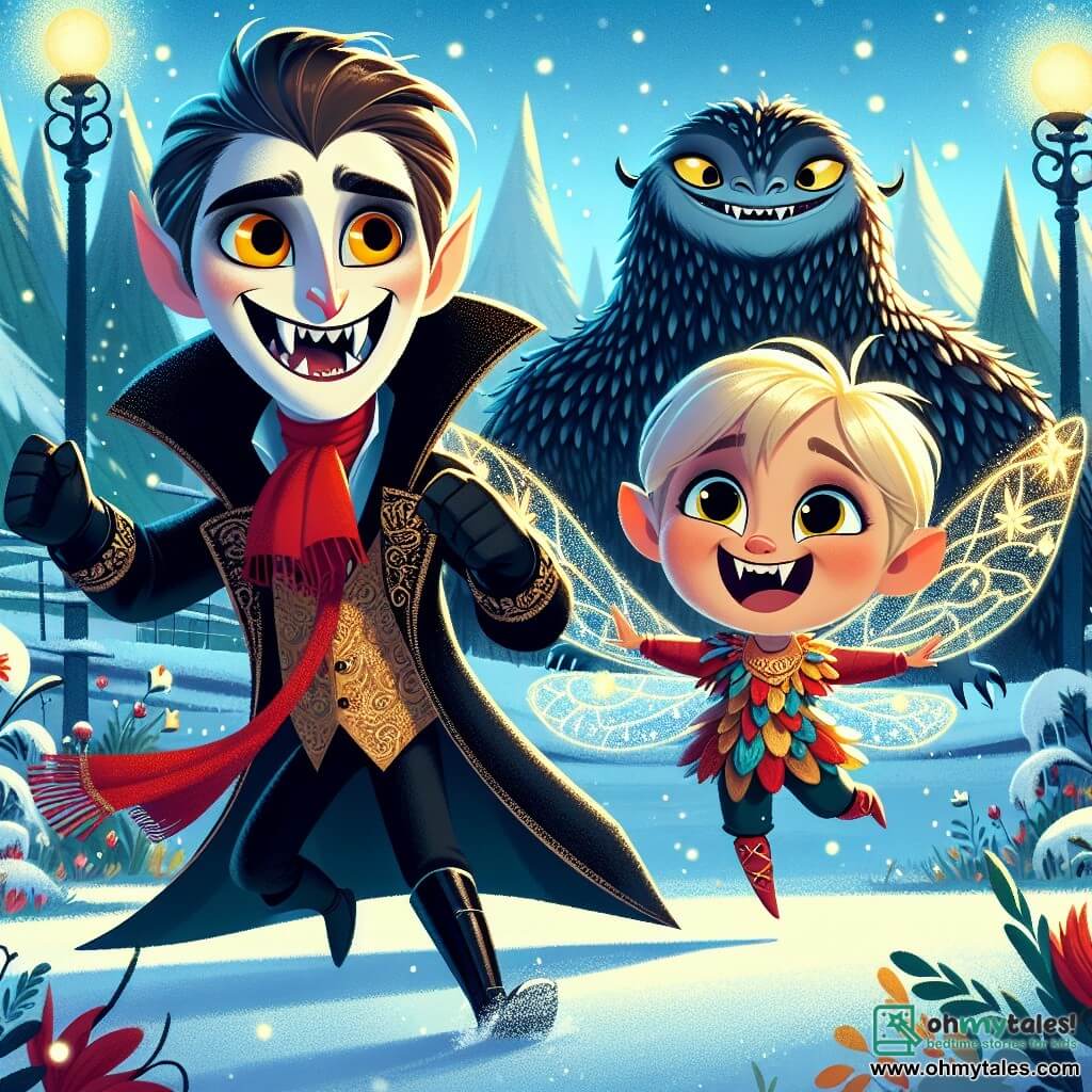 In the foreground, Victor, a vampire with a warm smile, has round, sparkling eyes that twinkle like stars. He wears an elegant black coat and a red scarf that flutters in the wind as he joyfully dances in the snow with open arms, expressing immense joy and a sense of belonging. Beside him, Faye, a small fairy with delicate, shimmering wings, has golden hair and wears a dress made of colorful flower petals. She floats lightly above the ground, laughing and encouraging Victor to play, her eyes sparkling with mischief. In the background, the majestic Mountain Guardian, a giant creature with shiny scales and bright eyes, stands proudly, watching over them with a benevolent smile, surrounded by an aura of magic, ready to protect his sanctuary. The setting is an enchanted forest, where the trees shimmer like crystals in the sunlight, and colorful flowers emerge from the snow. Snowflakes gently fall, creating a magical and fairy-tale atmosphere. The scene depicts Victor and Faye playing together, surrounded by the beauty of the forest, while the Mountain Guardian watches over them, symbolizing friendship and protection in a fantastical world.