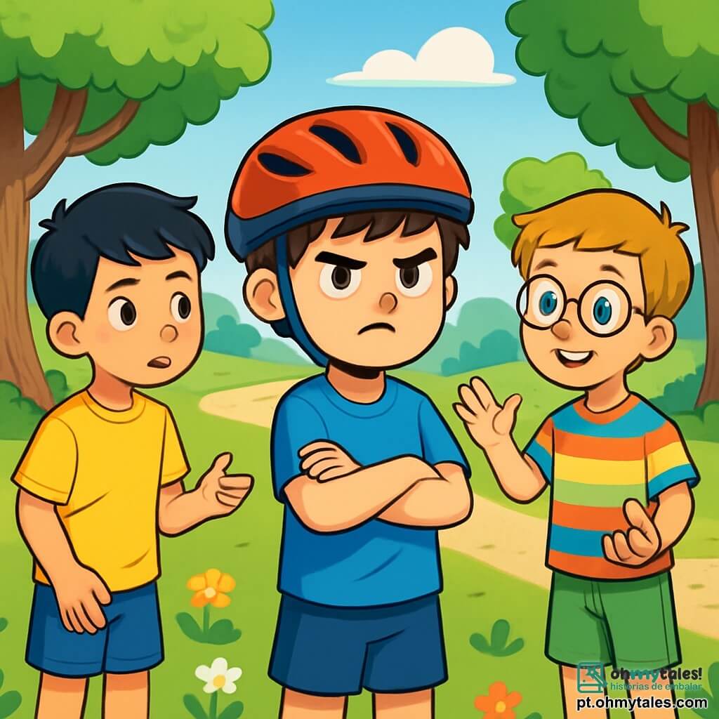 Há 4 crianças: - Pedro: um menino de 10 anos, com cabelo castanho bagunçado e olhos brilhantes de determinação. Ele usa uma camiseta azul brilhante e um capacete de bicicleta vermelho, está no centro com os braços cruzados, mostrando uma expressão de frustração. - Lucas: um menino de 10 anos, com cabelo loiro e óculos redondos. Ele veste uma camisa listrada colorida e um short verde, está um pouco atrás, sorrindo e fazendo um gesto amigável para Pedro. - Tiago: um menino de 10 anos, com cabelo preto e sardas. Ele usa uma camiseta amarela e um short azul, está à esquerda de Pedro, com uma expressão séria, pronto para falar com ele. - João: um menino de 10 anos, com cabelo castanho e um grande sorriso. Ele veste uma camiseta laranja e uma calça bege, está à direita de Pedro, segurando uma pedra na mão, pronto para compartilhar sua ideia. O cenário é um parque verdejante, cheio de árvores majestosas com folhas brilhantes. Flores coloridas estão espalhadas pelo chão, e um caminho de cascalho serpenteia pelo parque, levando a uma grande colina ao longe. O céu é azul brilhante, com algumas nuvens brancas fofas. A situação principal mostra Pedro, frustrado após perder uma corrida, cercado por seus amigos que tentam confortá-lo. Eles conversam, cada um segurando um objeto que representa uma emoção, em um ambiente acolhedor e amigável.
