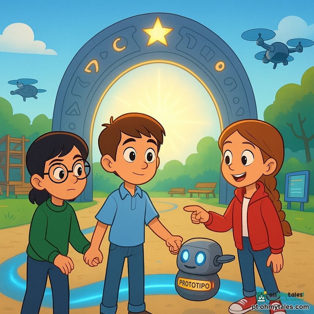 Quatro personagens: um rapaz de ~11 anos, cabelos castanhos curtos, olhos grandes, camisa azul-claro e jeans, segurando firme as mãos dos outros e olhando a arcada luminosa com ar tímido e determinado; uma rapariga de ~11 anos, cabelos longos trançados, pele clara, jaqueta vermelha e ténis, à direita, rindo suavemente e apontando para um pequeno drone do tamanho de uma maçã que voa perto; outra rapariga de ~11 anos, cabelos pretos curtos, óculos redondos e suéter verde, à esquerda, segurando a mão do rapaz e com expressão concentrada, dando instruções calmas; e um drone protótipo do tamanho de uma maçã, metal fosco com adesivo colorido "PROTÓTIPO 1" e olhos desenhados luminosos, flutuando acima do solo com a câmara inclinada como se falasse. Local: parque tecnológico educativo de dia, piso com linha azul luminosa serpenteante e pequena interrupção brilhante no chão, grande arco metálico tipo portal com símbolos gravados e estrela luminosa no topo; ao fundo drones maiores, bancos em construção e painéis educativos; atmosfera de maravilha e leve tensão, luz suave e pulsante, composição triangular centrada na arcada, cores quentes nos personagens e tons azuis na luz temporal. Estilo gráfico: desenho animado 2D, traços nítidos, sombras suaves, paleta saturada, expressões exageradas mas ternas, ambiente seguro e mágico, apropriado para crianças.