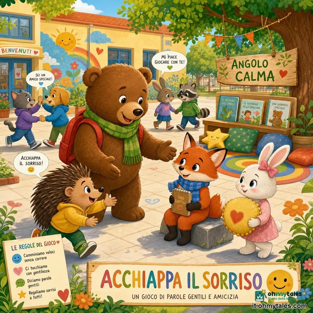 Un grande orso bruno di peluche realistico e stilizzato (personaggio principale), espressione dolce e benevola, occhi tondi, sopracciglia morbide, piegato in avanti a invitare a giocare, con piccolo zainetto rosso e sciarpa verde, postura calma e mani aperte; una volpe rossa giovane (Nilo), lineamenti fini, sguardo timido ma rassicurato, sciarpa blu a righe, seduta su una pietra tenue con un piccolo quaderno ordinato, sorriso delicato; un riccio marrone (Riky), viso birichino e occhi vivaci, corre verso l’orso con gesto entusiasta, aculei ordinati e scarpe colorate; una coniglietta bianca (Mia), occhi curiosi e fiocco nei capelli, in piedi accanto alla volpe con un cuscino soffice, espressione empatica; ambientazione cortile scolastico soleggiato con pavimento chiaro a piastrelle, alberi dalle foglie rotonde, un angolo "angolo calma" con cuscini, tappeto colorato e libri illustrati su una panca, muro scolastico affrescato; attività principale: gioco calmo "acchiappa il sorriso" dove i bambini camminano veloci senza correre e si toccano dicendo frasi gentili; atmosfera pacifica, colori caldi e saturi, ombre morbide; stile vettoriale netto, linee chiare, forme rotonde, palette vivace (giallo solare, verde tenero, azzurro, rosso corallo), texture piatte e contrasti morbidi adatti a un libro per l’infanzia.