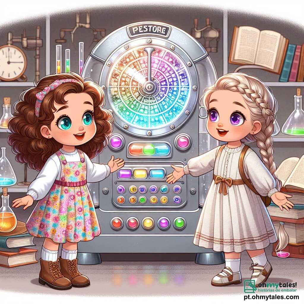 Uma menina de 4 anos, Ana, com cabelos castanhos e cacheados, usa um vestido colorido com estampas de flores. Ela tem olhos curiosos e um grande sorriso enquanto está diante de uma máquina do tempo brilhante, cheia de botões coloridos. Ao lado dela, outra menina, Maria, também de 4 anos, tem cabelos longos e loiros trançados. Ela veste um vestido simples de linho e olha para Ana com um sorriso amigável, os braços abertos como se a convidasse a brincar. O cenário é um laboratório científico, repleto de invenções estranhas, livros abertos e frascos coloridos. Luzes cintilantes emanam da máquina do tempo, criando uma atmosfera mágica e fascinante. A cena principal mostra Ana prestes a apertar um botão da máquina, pronta para uma aventura no passado, enquanto Maria a encoraja entusiasmada, ansiosa para mostrar seu mundo.