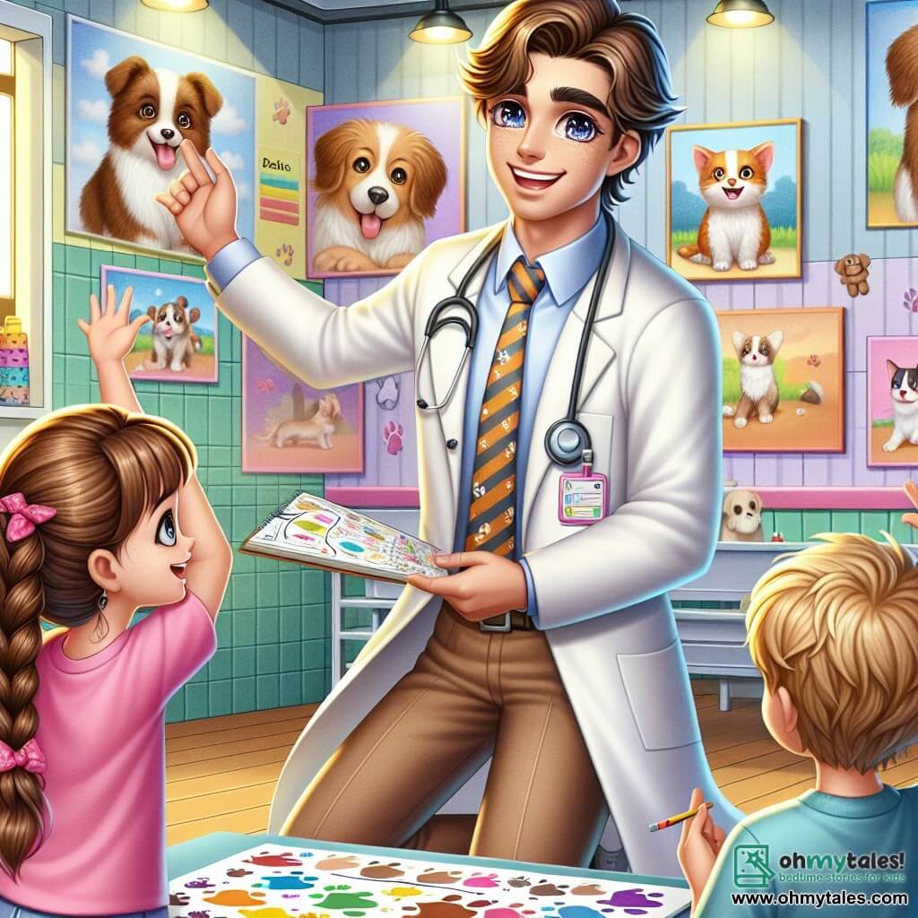 A smiling man, Dr. Tim, is at the center of the image. He has slightly wavy brown hair, wears a white coat with animal paw prints, and his eyes sparkle with excitement. He is showing a large colorful poster to the children, with a big smile on his face. To his right, a little girl named Emma, about 8 years old, has long braided blonde hair and wears a pink t-shirt. She raises her hand enthusiastically, ready to answer a question about animals. On the left, a little boy named Liam, 7 years old, with messy brown hair and a blue t-shirt, looks at Dr. Tim with admiration, holding a pencil in his hand, ready to draw. The setting is a bright and welcoming veterinary clinic, with pastel yellow walls, posters of dogs and cats, and animal toys scattered on the floor. The scene shows Dr. Tim explaining to the children how to care for their pets, with smiles and laughter, creating a joyful and educational atmosphere.