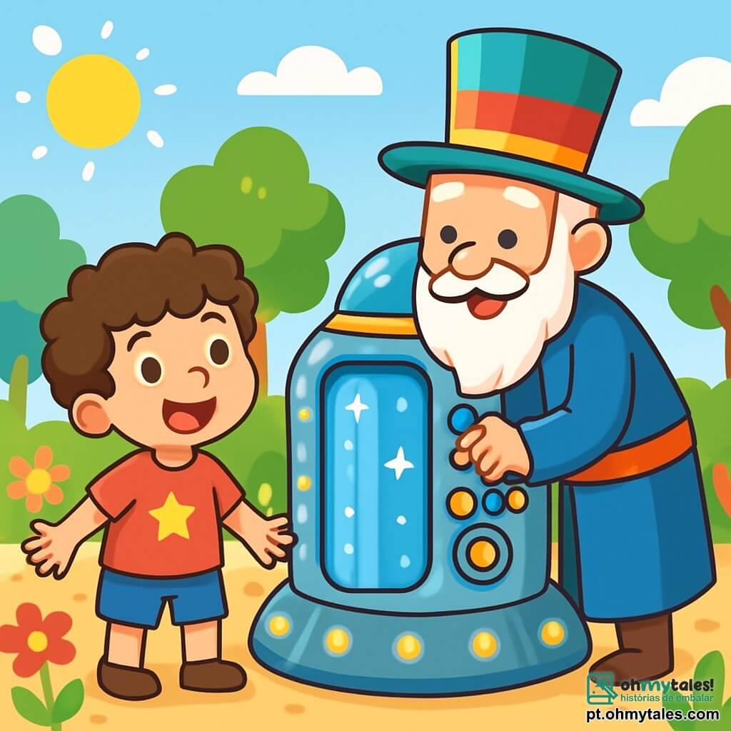 Um garoto de 4 anos, Léo, com cabelos castanhos e cacheados, e um grande sorriso de encantamento no rosto, está diante de uma máquina do tempo. Ele usa uma camiseta vermelha com estrelas amarelas e um short azul. Ao seu lado, o Senhor Tempo, um homem idoso com um chapéu alto colorido e uma longa barba branca, ajusta os botões da máquina, com uma expressão alegre e travessa. O local é uma grande praça ensolarada, cercada por flores multicoloridas e grandes árvores verdes, com uma máquina do tempo brilhante e futurista no centro, adornada com luzes cintilantes. A cena principal mostra Léo, animado e curioso, pronto para entrar na máquina, enquanto o Senhor Tempo lhe explica como viajar no tempo, criando uma atmosfera de magia e aventura.