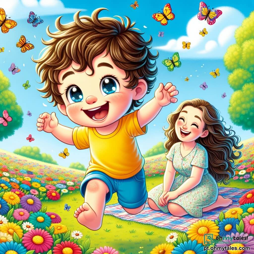Um menino de 2 anos, Lucas, com cabelos castanhos bagunçados e olhos brilhantes de alegria, veste uma camiseta amarela e um short azul. Ele corre em um campo de flores coloridas, rindo alto, com os braços abertos como se quisesse pegar as borboletas. Ao seu lado, sua mãe, uma mulher sorridente de cerca de 30 anos, com cabelos longos e cacheados, usa um vestido leve com flores e o observa com ternura, sentada em uma toalha xadrez. Ao fundo, um céu azul brilhante está salpicado de nuvens brancas e fofas, e árvores verdes cercam o campo. A cena principal mostra Lucas se divertindo ao correr atrás de uma borboleta colorida, maravilhado com a beleza da natureza ao seu redor.
