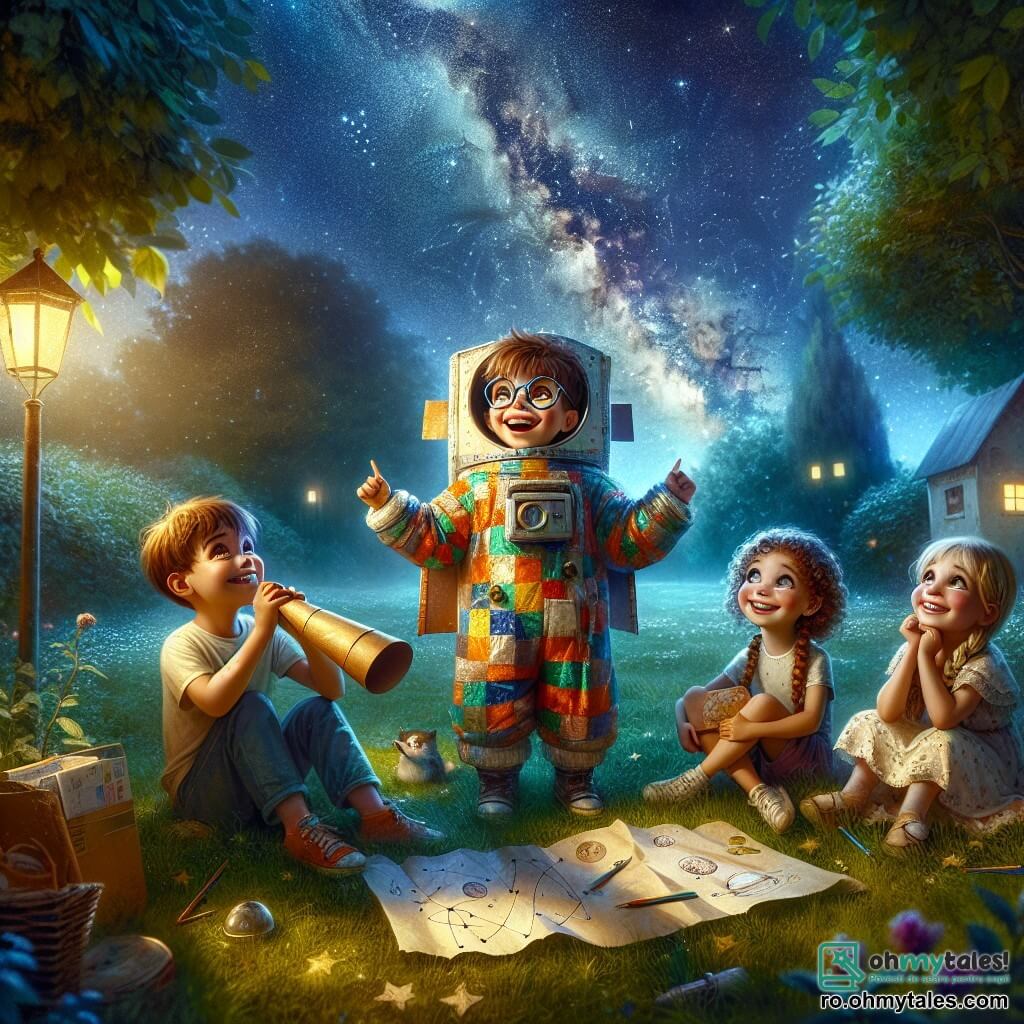 Andrei, un băiat de 10 ani cu părul brun și ochii strălucitori de curiozitate, poartă un costum de astronaut făcut din carton colorat. El zâmbește entuziast, ridicând brațele ca și cum s-ar pregăti să decoleze spre stele. Lângă el, Maria, o fată de 9 ani cu părul blond împletit, observă cerul cu un telescop din carton, având ochii plini de uimire. Alex, un băiat de 10 ani cu ochelari rotunzi și părul castaniu, ține o machetă de rachetă, zâmbind larg, în timp ce Daria, o fată de 9 ani cu părul creț și un tricou cu modele de stele, desenează planete pe o foaie de hârtie, așezată pe iarbă. Decorul este un câmp verde sub un cer nocturn plin de stele, unde Calea Lactee strălucește intens, iluminând fețele copiilor. Principala situație îi arată pe Andrei și prietenii săi simulând un zbor spațial, visând să devină astronauți, înconjurați de echipamentul lor făcut acasă, plini de entuziasm și imaginație.