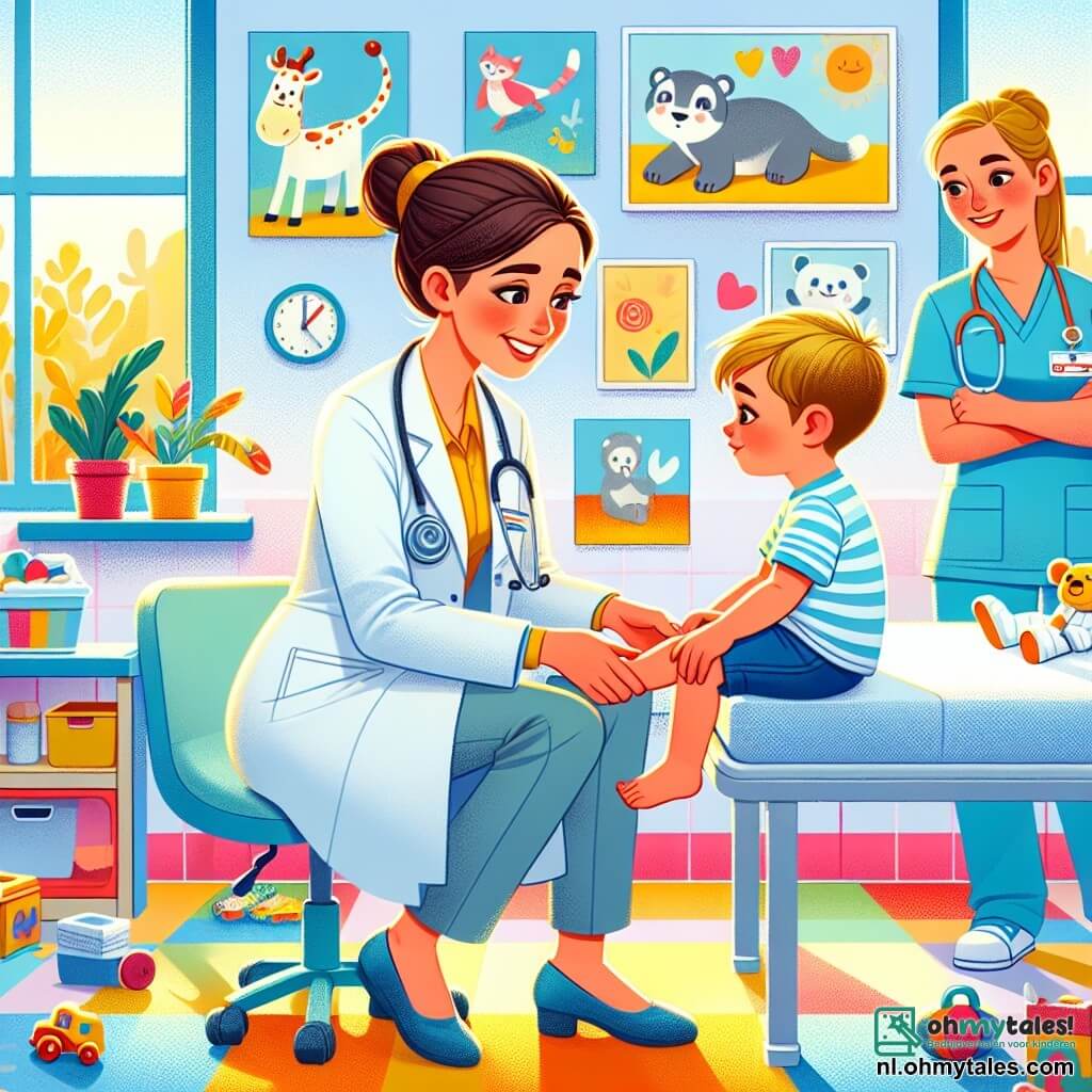 In een lichte en kleurrijke ziekenhuiszaal zien we Dokter Lotte, een glimlachende vrouw van dertig jaar met bruin haar in een knot en een onberispelijke witte labjas. Ze leunt vriendelijk over een kleine jongen, haar gezicht straalt empathie en vastberadenheid uit terwijl ze zijn verwonde voet onderzoekt met een stethoscoop om haar nek. Naast haar staat Sara, een vriendelijke verpleegster van ongeveer 25 jaar met blond haar in een paardenstaart en een blauw uniform. Ze houdt een ijsje vast om de pijn van de jongen te verlichten, terwijl ze iets op de achtergrond staat met een geruststellende glimlach. De ruimte is een uitnodigende ziekenhuiszaal, versierd met felle kleuren, met tekeningen van dieren op de muren en speelgoed verspreid over een tafel. Een groot raam laat zonlicht binnen, wat een warme sfeer creëert. De hoofdscène toont Dokter Lotte die de jongen geruststelt, terwijl Sara hem met een glimlach helpt, wat een sfeer van zorg en troost creëert.