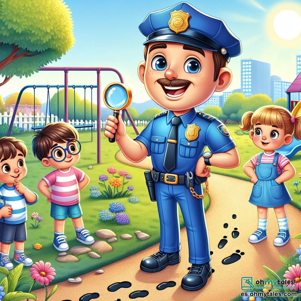 Un policía sonriente, el agente Tomás, un hombre de unos treinta años, lleva un uniforme azul brillante y una gran gorra azul. Su rostro es alegre, con una gran sonrisa y ojos brillantes de bondad. Está de pie en un parque soleado, rodeado de niños, mientras apunta con una lupa al suelo, como si buscara pistas. A su lado, una niña llamada Sofía, de 8 años, con bonitas trenzas y una camiseta rosa, lo observa con ojos maravillados, sosteniendo un cuaderno en sus manos. Un niño llamado Pablo, de 9 años, con gafas y pantalones cortos azules, se inclina para examinar las huellas de barro en el suelo, con aire curioso. El parque está lleno de árboles verdes, flores coloridas y un camino de grava que serpentea entre los juegos infantiles. A lo lejos, se ven columpios y un tobogán, mientras los pájaros cantan en las ramas. La situación principal muestra a Tomás y a los niños en plena investigación para encontrar bicicletas desaparecidas, con una atmósfera de emoción y camaradería. Los niños están atentos, listos para descubrir el misterio, mientras Tomás los guía con entusiasmo y sabiduría.
